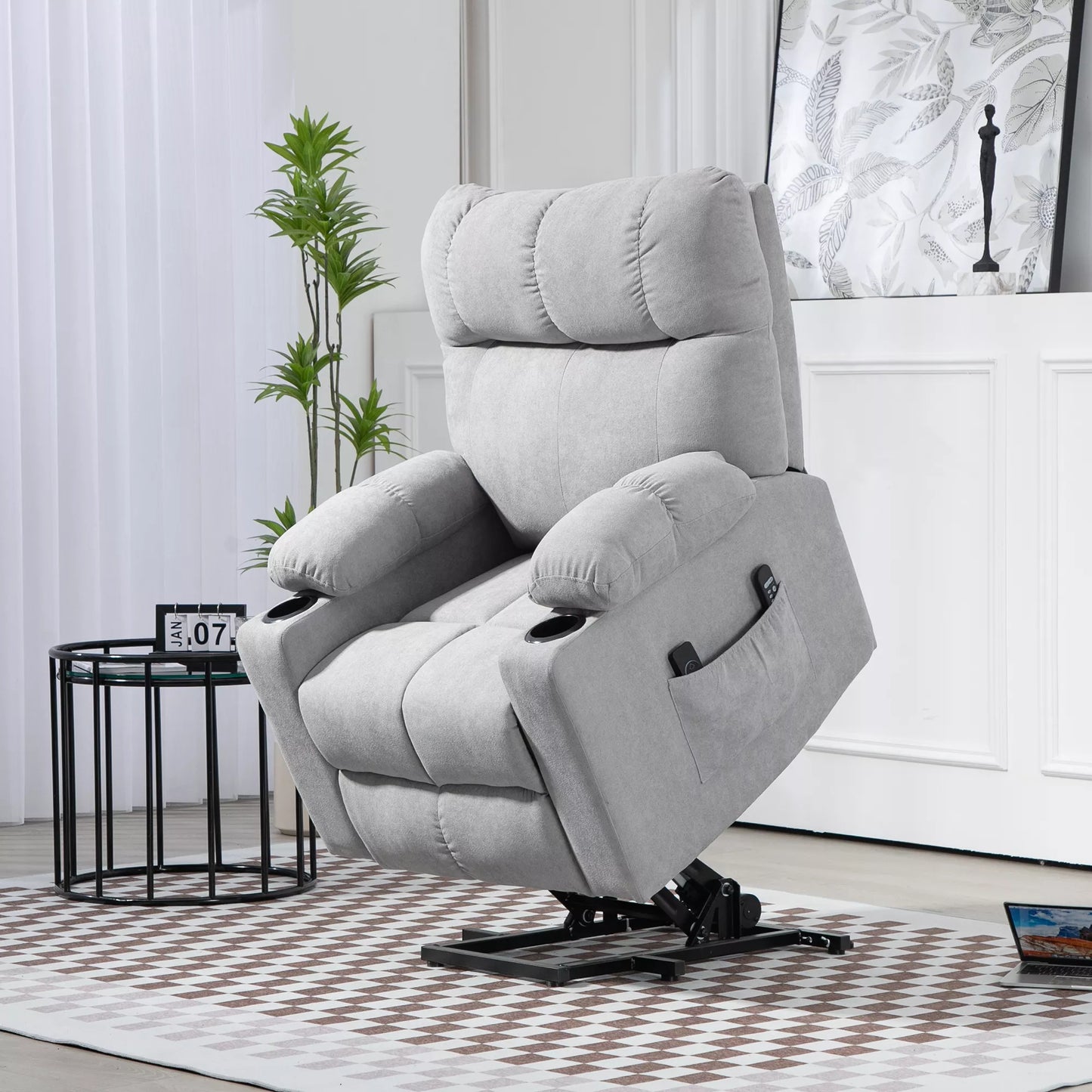 Fotelis su pagalba atsikelti, poilsio funkcija, su pulteliu, 144 cm x 91 cm x 88 cm, šviesiai pilkos spalvos