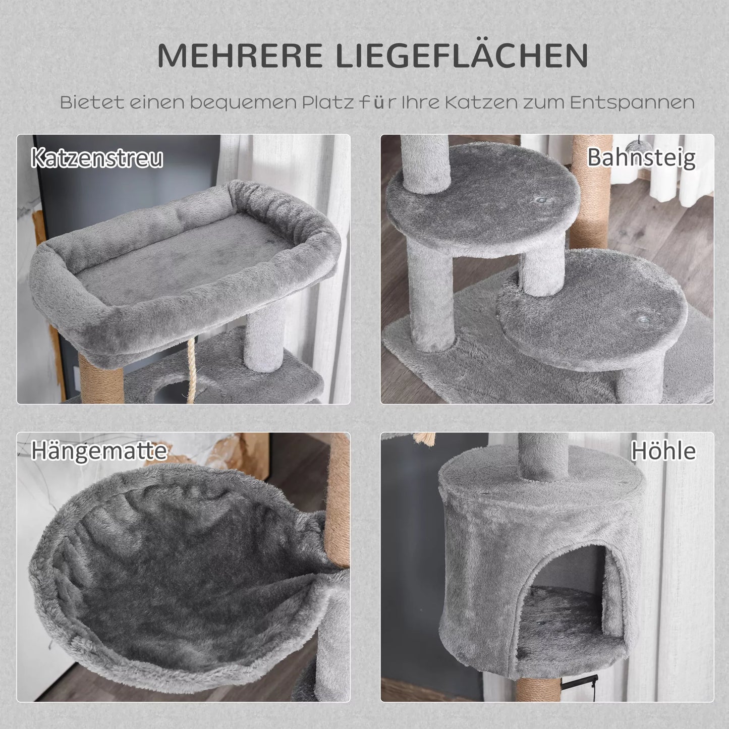 Kačių draskyklė, kačių medis, 1 katės uola, katės guolis, 1 hamakas, su žaislais, šviesiai pilkas