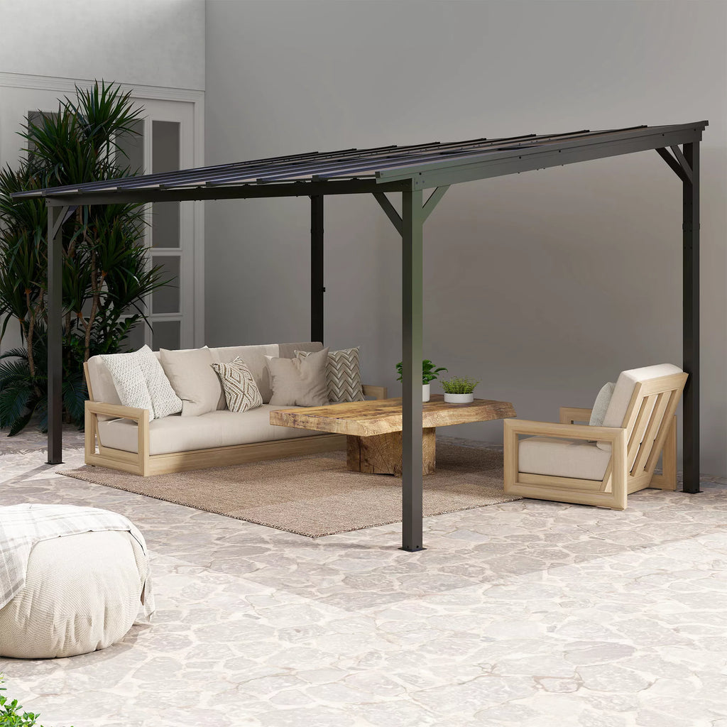 Terasos pergola prie sienos su polikarbonato stogu, aliuminio konstrukcija, 428 x 294 x 258 cm, tamsiai pilka
