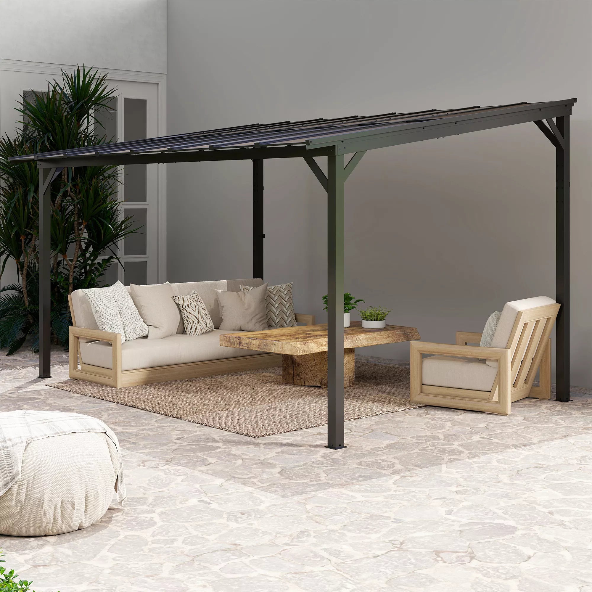 Terasos pergola prie sienos su polikarbonato stogu, aliuminio konstrukcija, 428 x 294 x 258 cm, tamsiai pilka