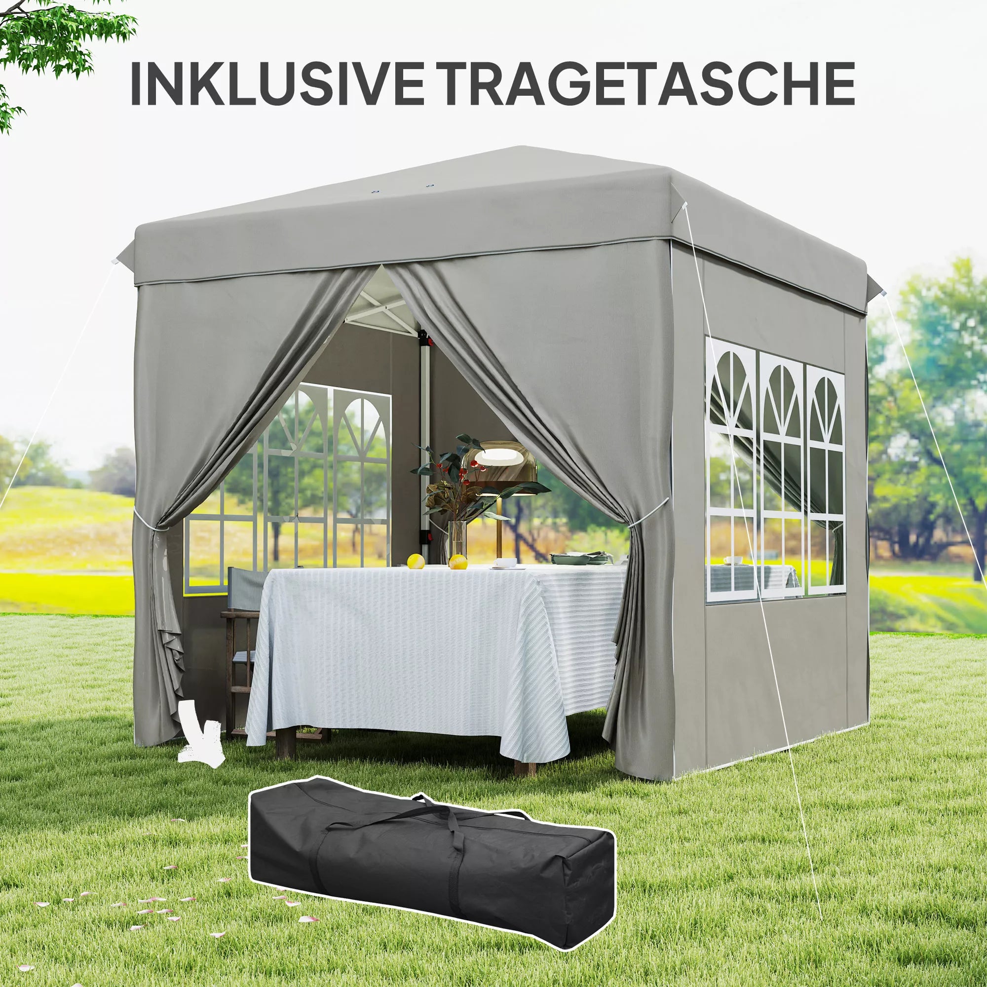 2,5 x 2,5 m Pop-up paviljonas su sienelėmis ir nešiojimo krepšiu, UPF50+ reguliuojamo aukščio sodo palapinė, šviesiai pilkas