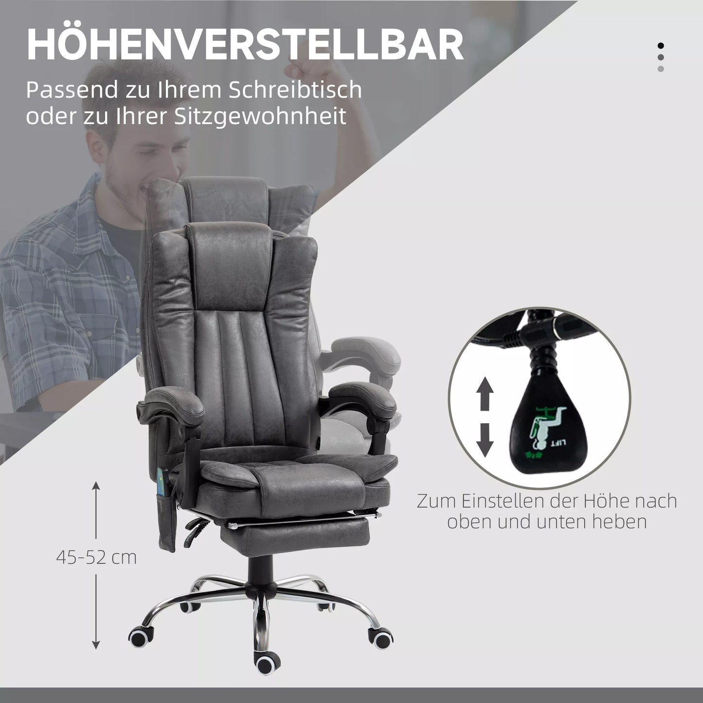 Vadovo kėdė su masažo ir šildymo funkcija, kojų atrama, reguliuojama, iki 120kg, Pilka