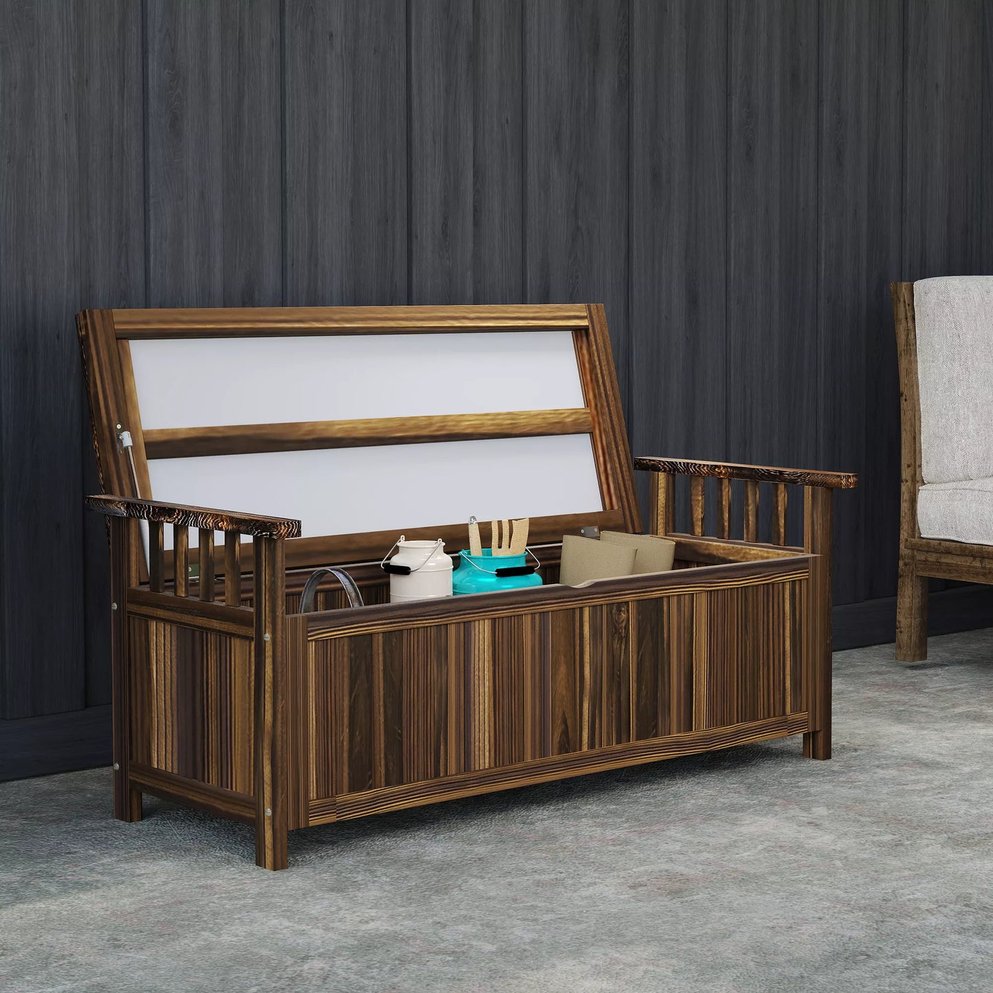 Outsunny 2 vietų medinė sodo suoliukas, atsparus oro sąlygoms, lauko baldai su daiktadėže ir porankiais 128,5 x 56 x 53,5cm, degintas