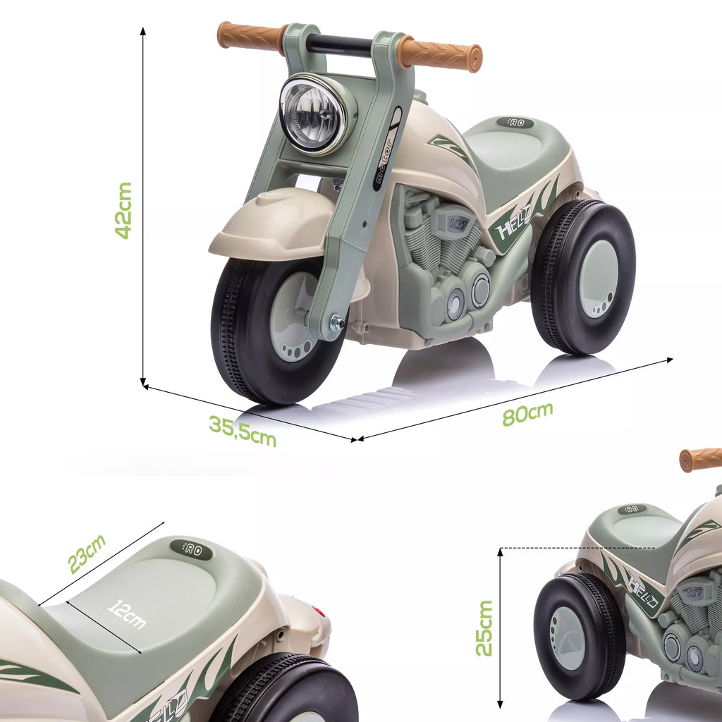 Riedantis automobilis, motociklo dizainas, muzika ir muilo burbulai, skirtas 2–5 metų vaikams, kreminės baltos spalvos