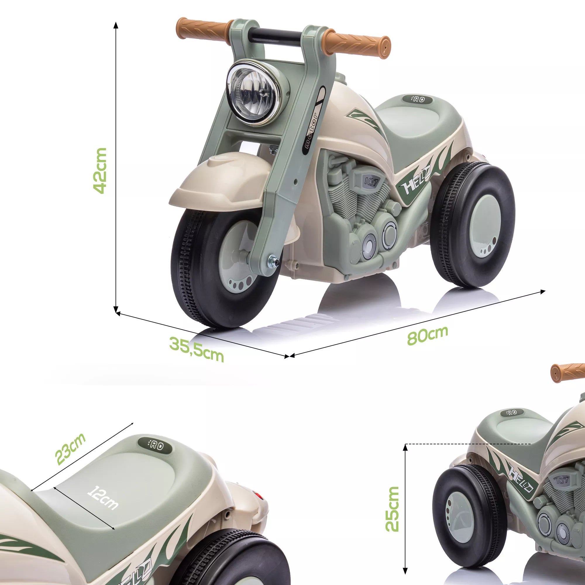 Riedantis automobilis, motociklo dizainas, muzika ir muilo burbulai, skirtas 2–5 metų vaikams, kreminės baltos spalvos
