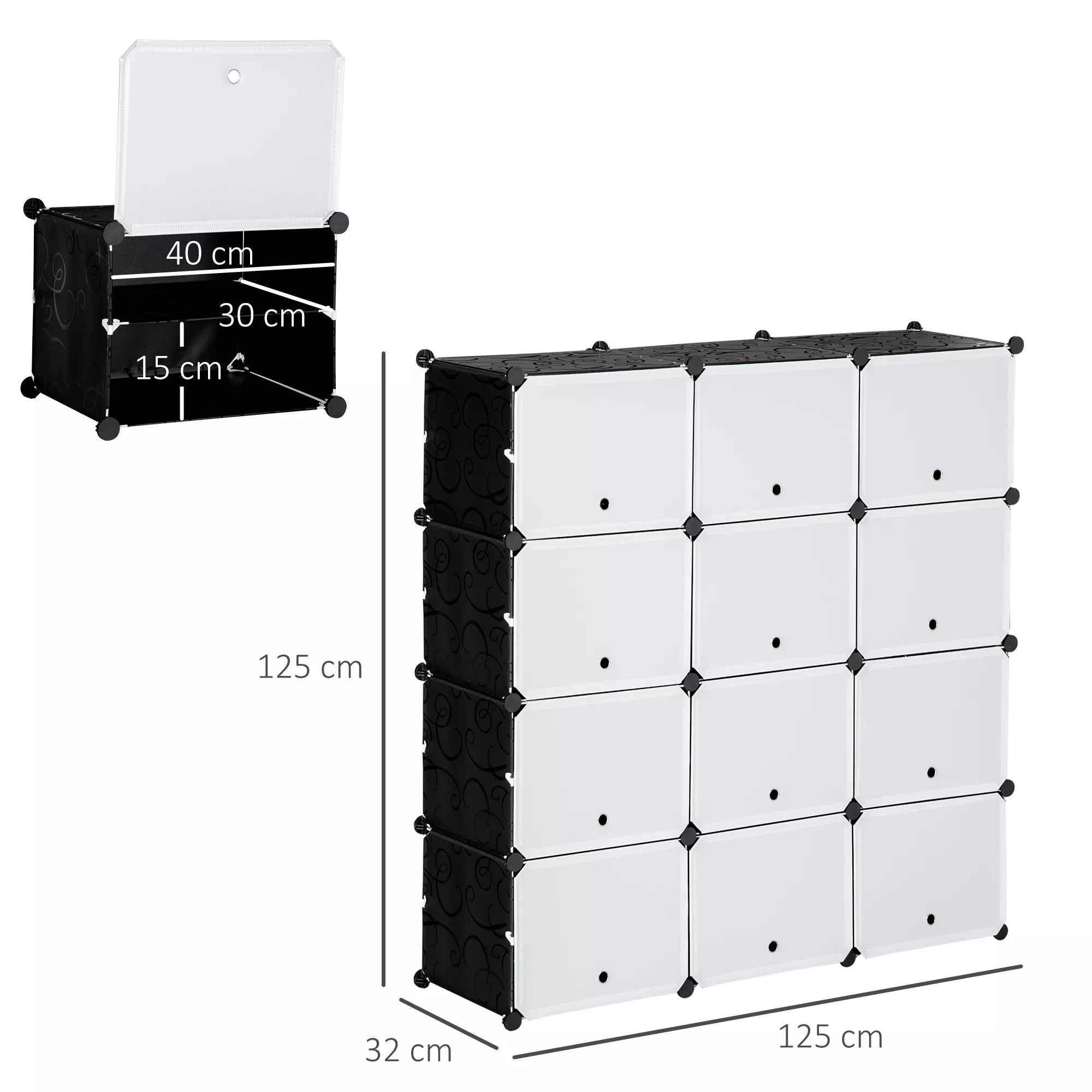 Modulinė lentynų sistema, 12 stalčių, 125 x 32 x 125 cm, juoda ir balta