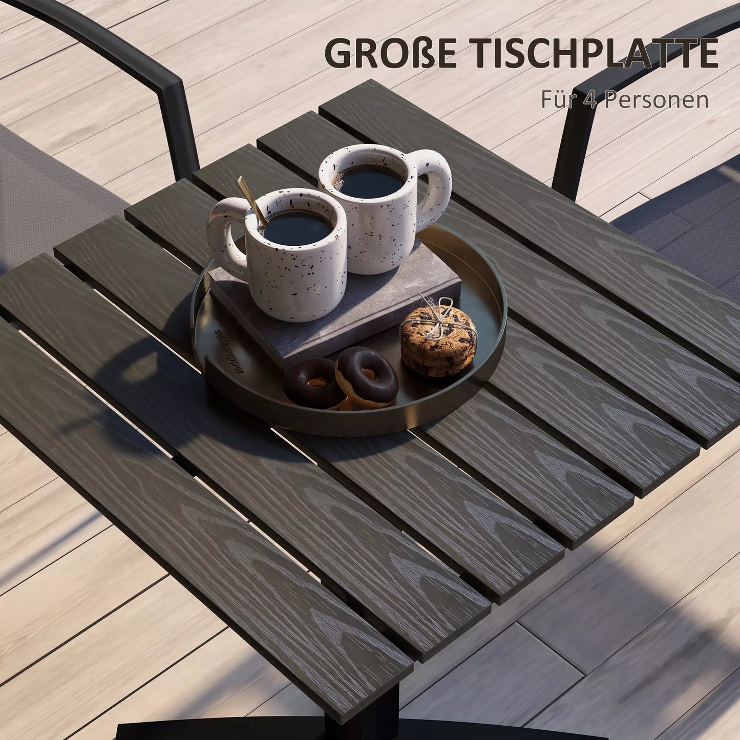Lauko stalas, 4 asmenims, medžio išvaizdos, aliuminio rėmas, 70 x 70 x 76 cm, pilkas