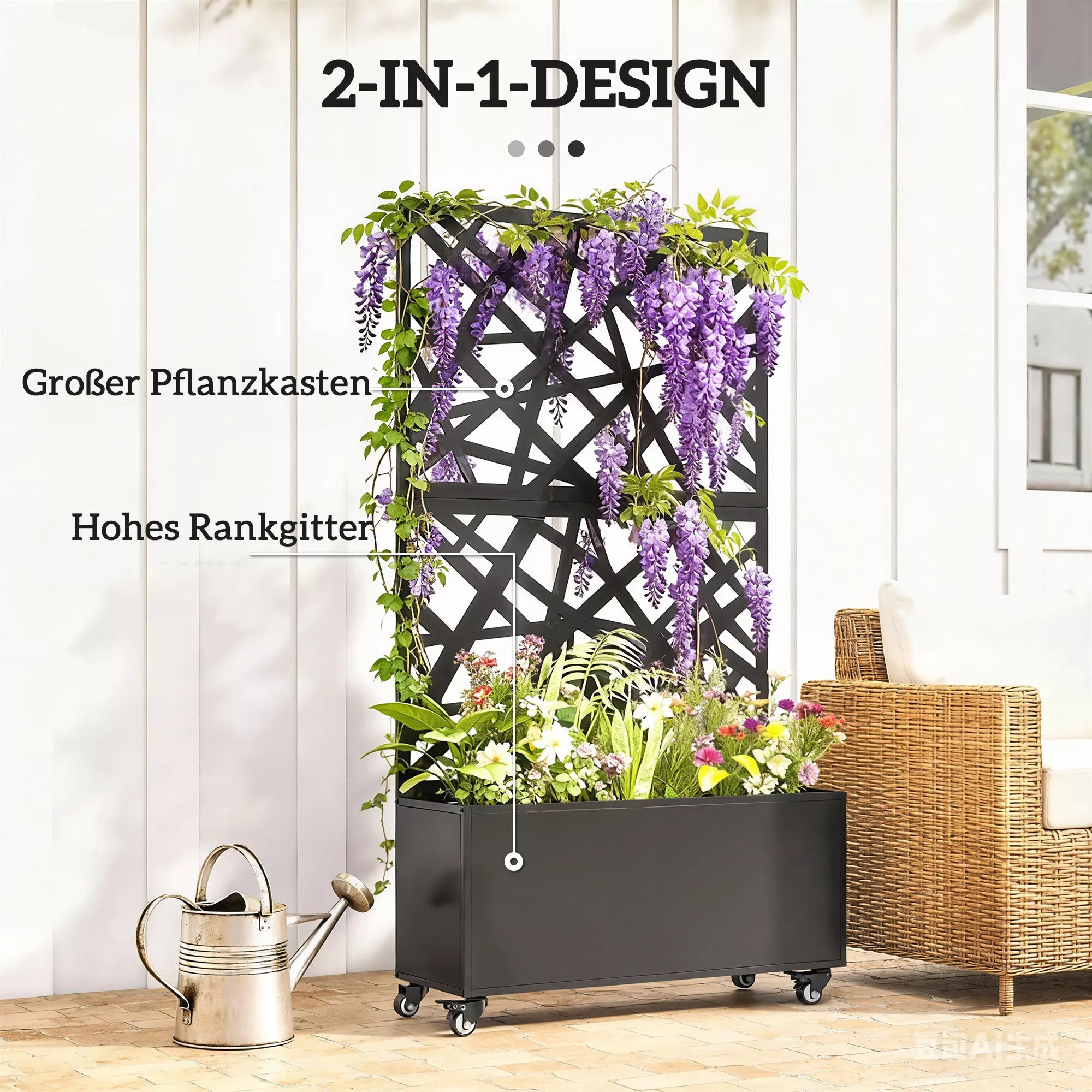 Gėlių dėžė su apsauga nuo žvilgsnių Augalų dėžė su ritininiu grotelėmis 90 x 30 x 160 cm Metalo Juoda
