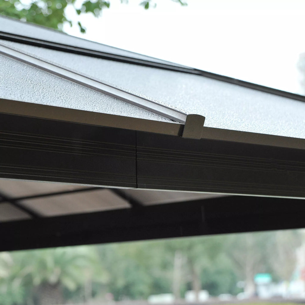 Sodo paviljonas su kietu stogu, 4,2 x 3,6 m, užuolaidos su tinkleliu nuo vabzdžių, aliuminio karkasas, rudos ir kreminės spalvos