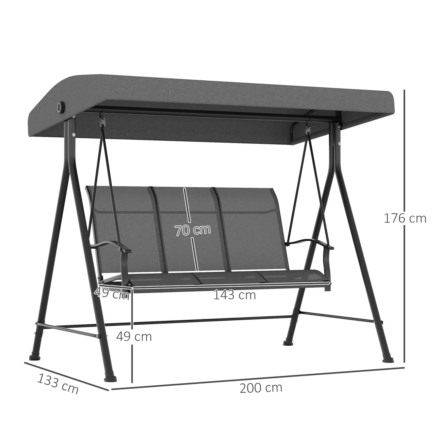 Lauko, sodo  sūpynės, 3 asmenims, reguliuojamas saulės stogelis, iki 240 kg, tamsiai pilkos spalvos, 200 x 133 x 176 cm
