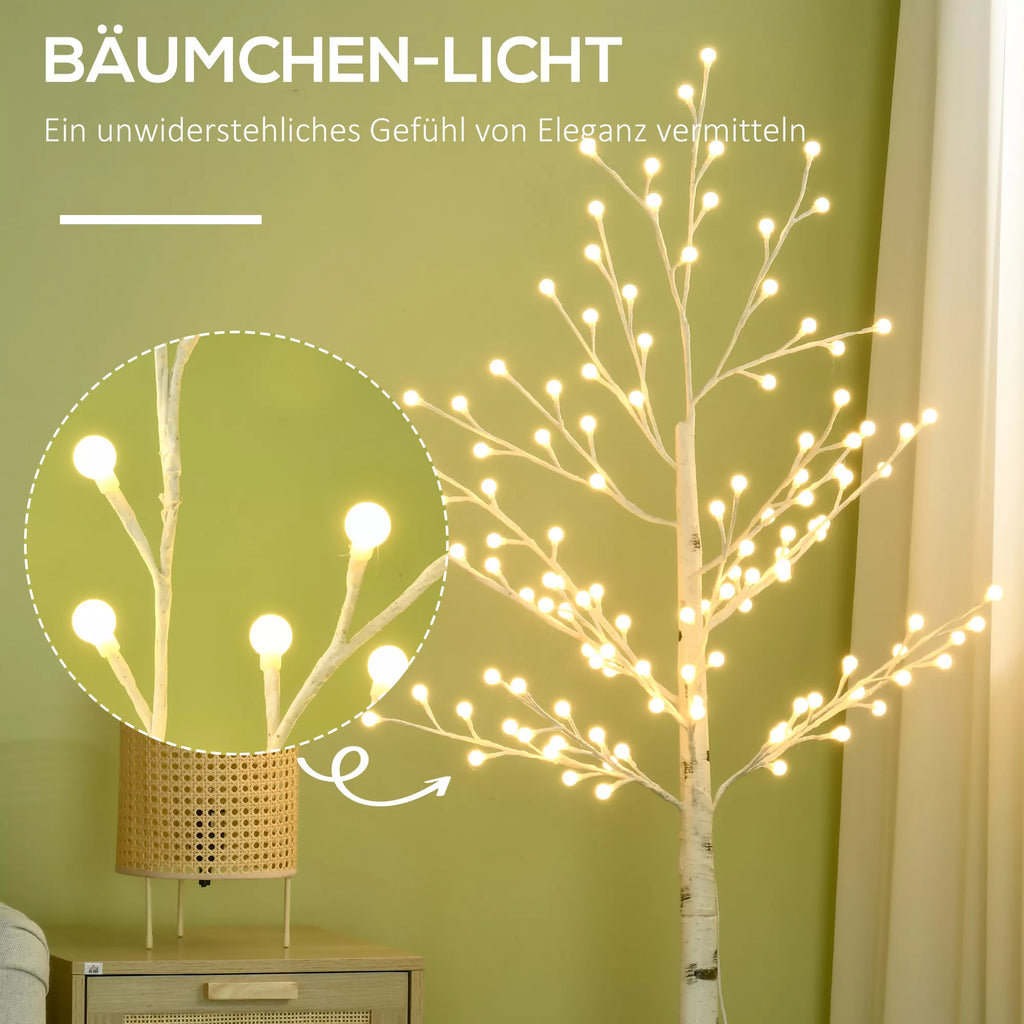 Dirbtinė beržo medelė su 120 LED lempučių, 3 šviesumo pakopomis, sulankstomomis šakomis, IP44, 150 cm, Balta