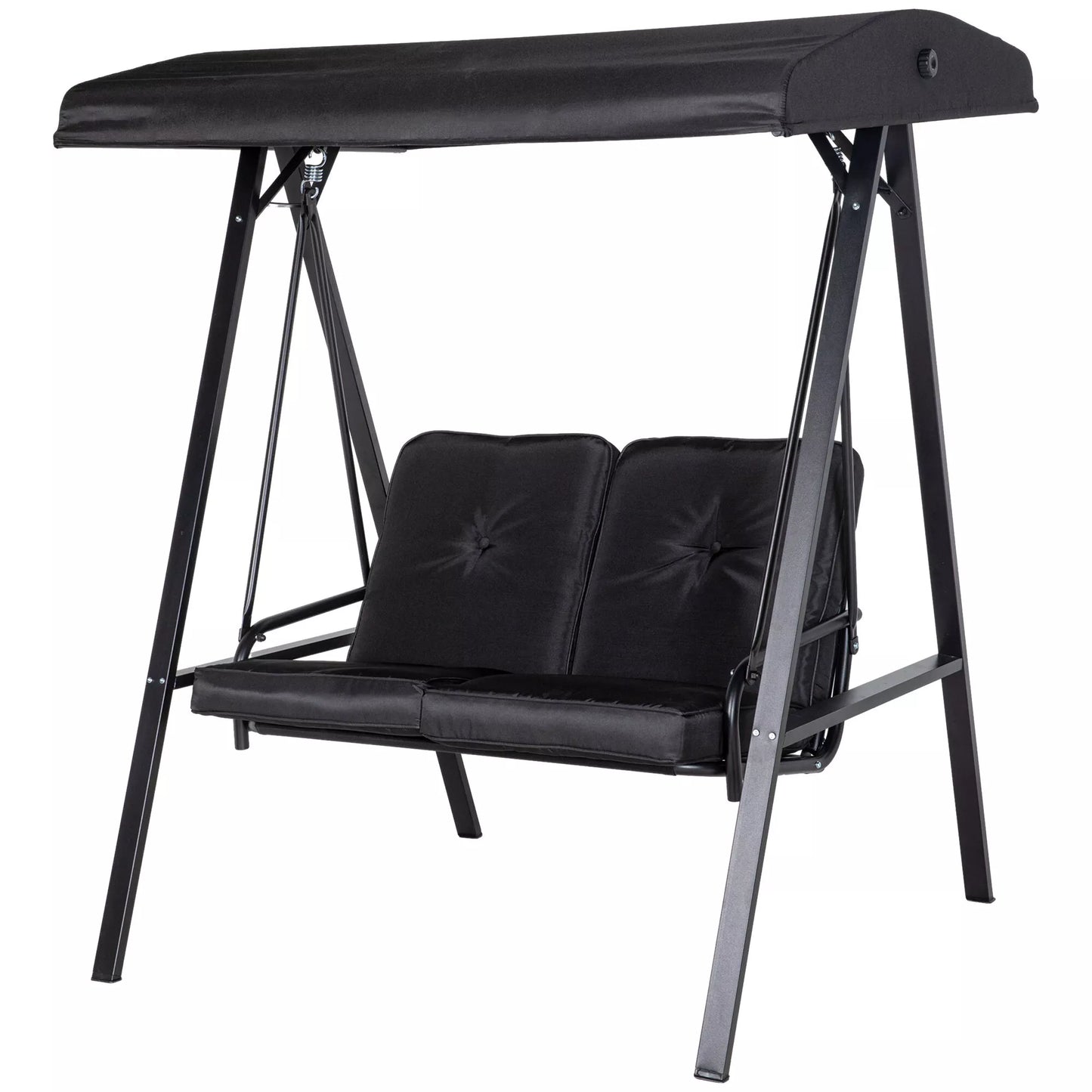 Holivudo sūpynės, 2 vietos sodo sūpynės su reguliuojamu stogu, atlaiko iki 220 kg svorį, 145 x 116 x 172 cm, juodos spalvos