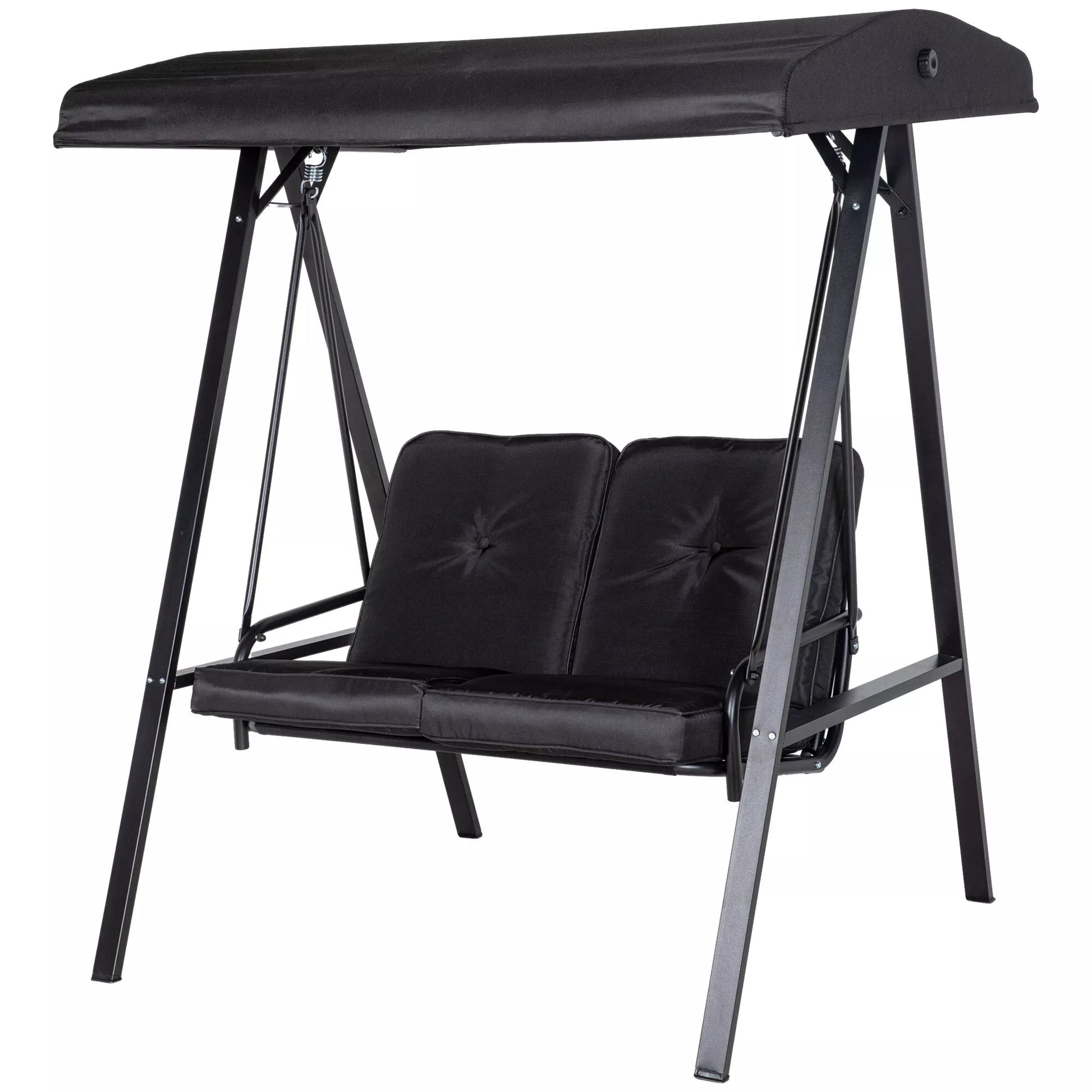 Holivudo sūpynės, 2 vietos sodo sūpynės su reguliuojamu stogu, atlaiko iki 220 kg svorį, 145 x 116 x 172 cm, juodos spalvos