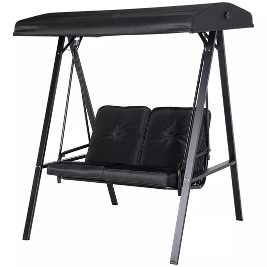 Holivudo sūpynės, 2 vietos sodo sūpynės su reguliuojamu stogu, atlaiko iki 220 kg svorį, 145 x 116 x 172 cm, juodos spalvos