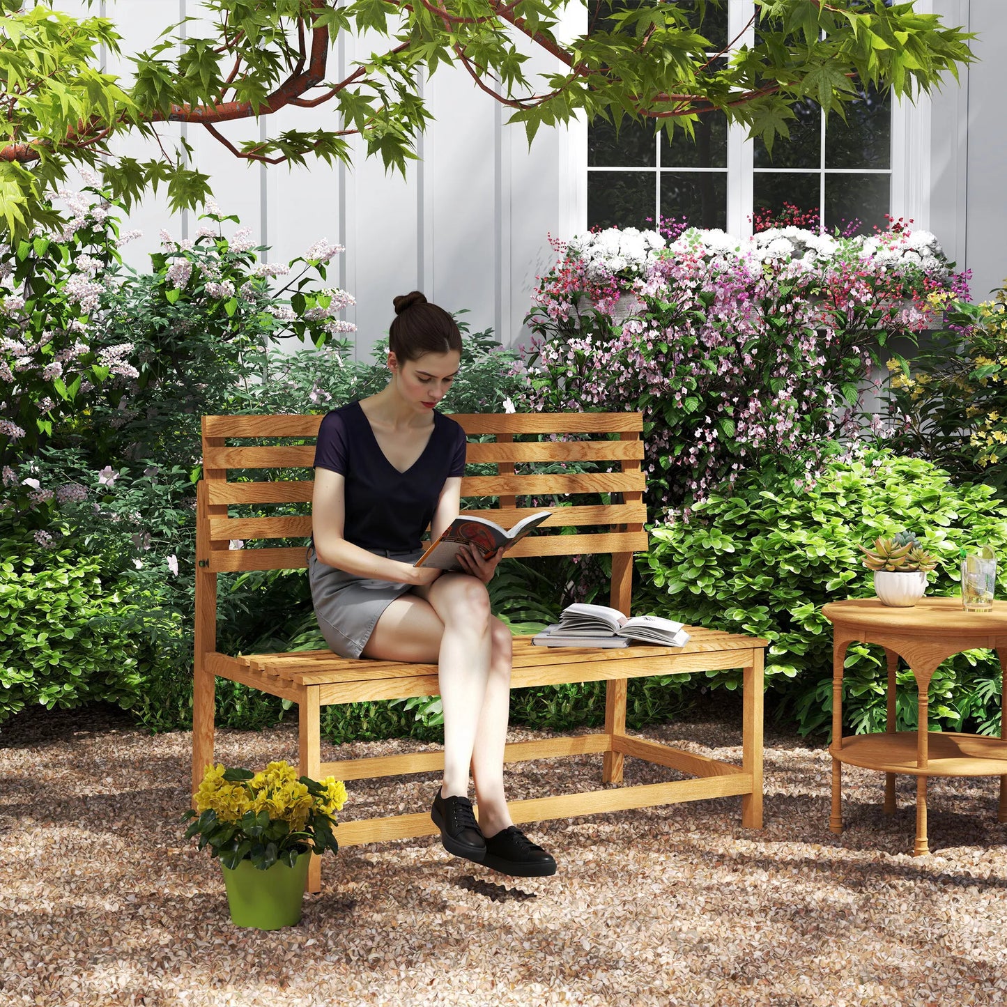 2 vietų medinis sodo suoliukas, atsparus oro sąlygoms, UV spinduliams atsparus lauko baldas su transformuojamomis atlošomis 110x61x89cm, tikmedis