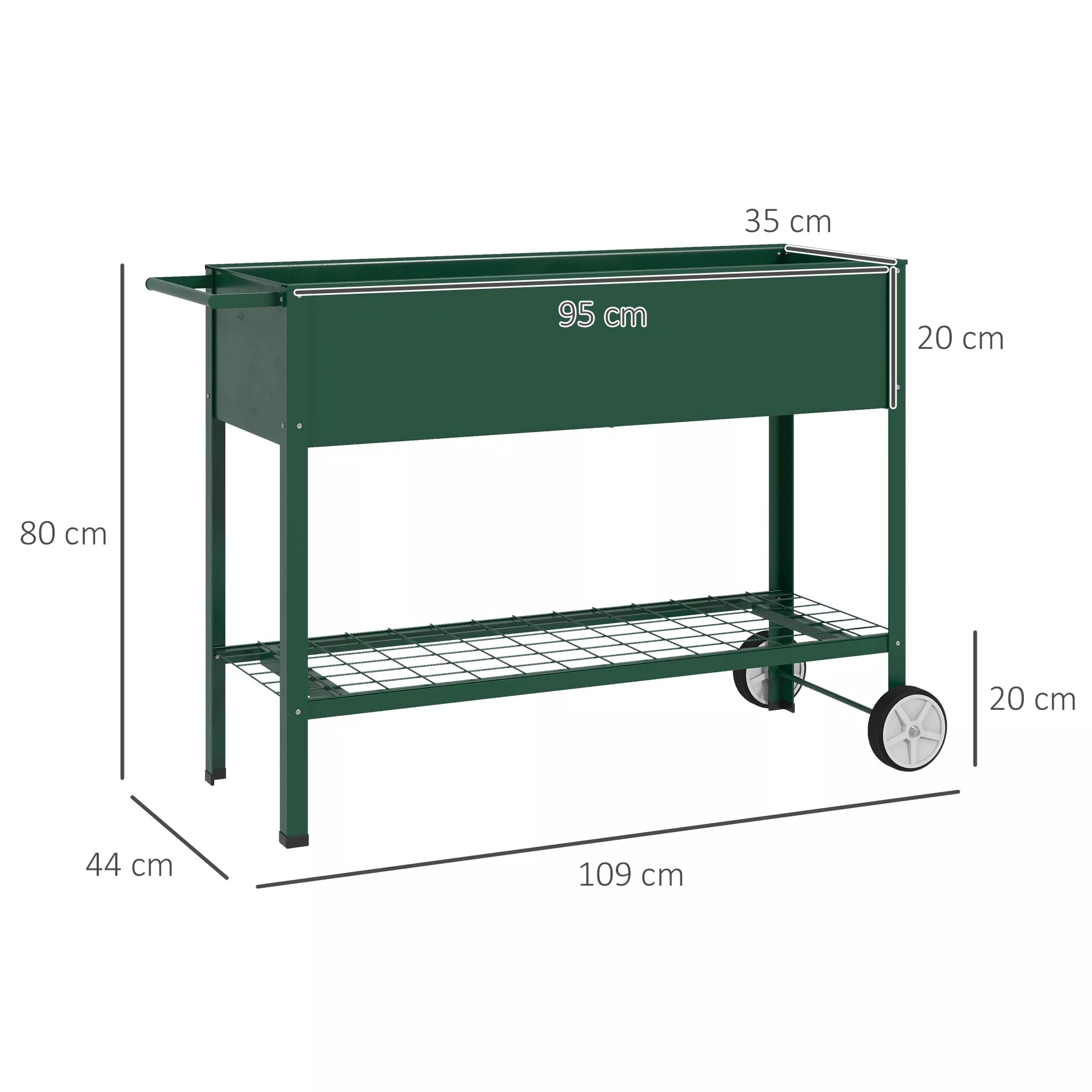 Mobili pakelta metalinė lysvė su ratukais ir lentyna, daržo sodinimo dėžė 109x44x80 cm žalia