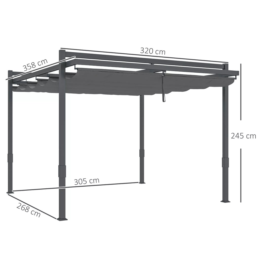 Pergola paviljonas, apie 3,5 x 3 m, aliuminis, stabilus, atsparus žiemos sąlygoms, saulės apsauga su reguliuojamu stumdomu stogu, pilkos spalvos
