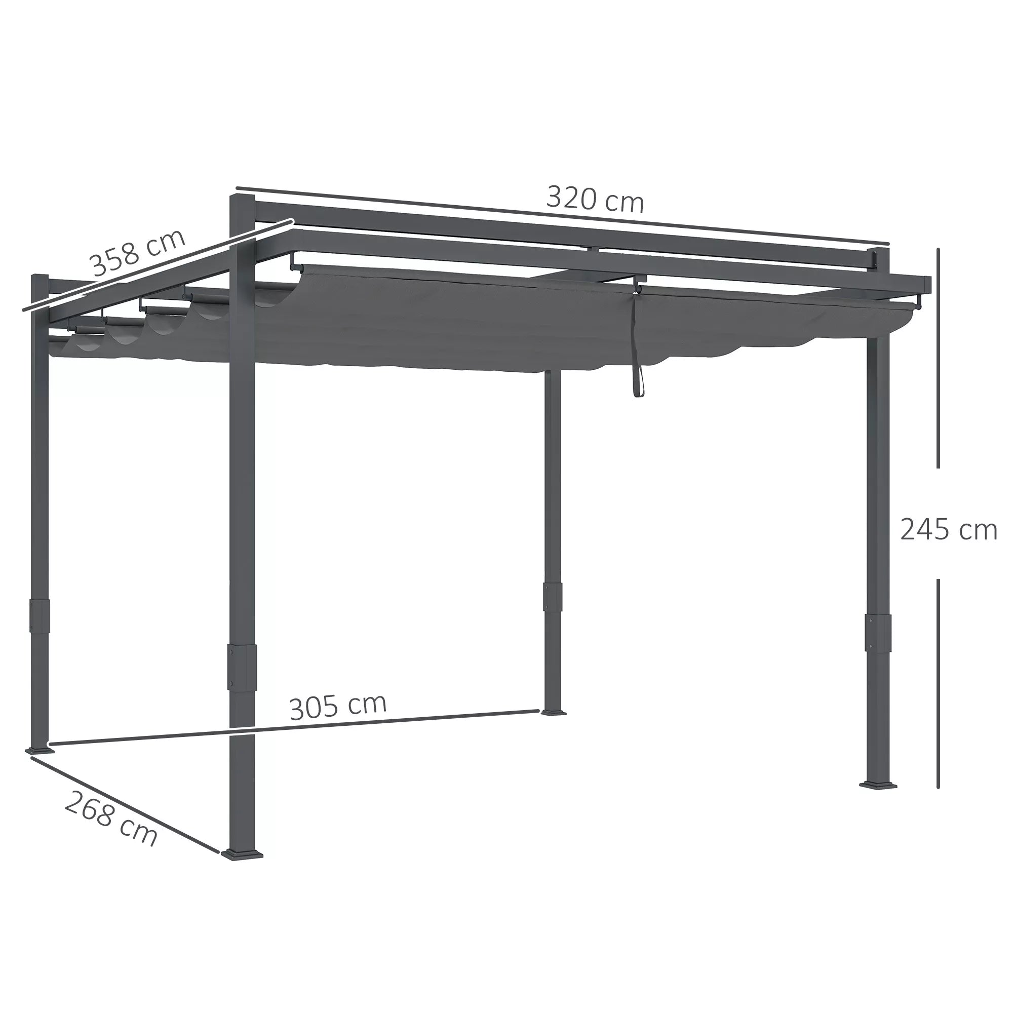 Pergola paviljonas, apie 3,5 x 3 m, aliuminis, stabilus, atsparus žiemos sąlygoms, saulės apsauga su reguliuojamu stumdomu stogu, pilkos spalvos