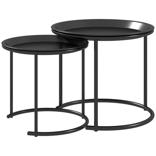 2 vnt. metalinių staliukų komplektas, įstatomi vienas į kitą, stalviršiai gali būti naudojami kaip padėklai, juodi