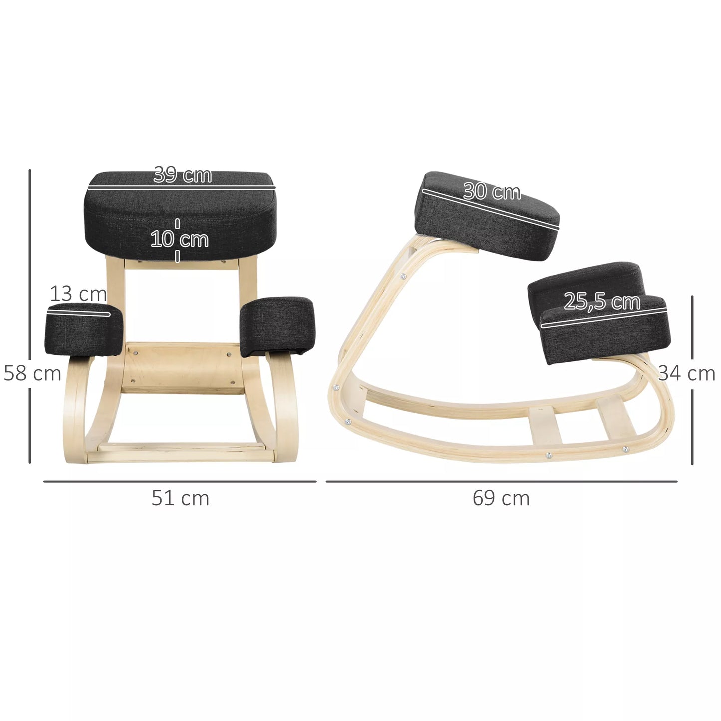 Ergonomiška klūpoma kėdė, paminkštinta atrama sveikai laikysenai, beržo mediena, atlaiko iki 120 kg, juoda
