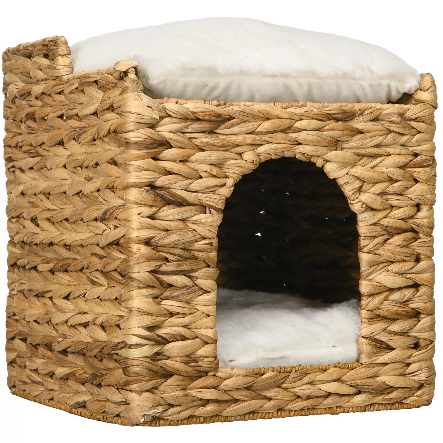 Katės guolis iš vandens hiacintų žolės, 2 gulimosios vietos, 2 skalbiami pagalvėlės, natūralus + baltas