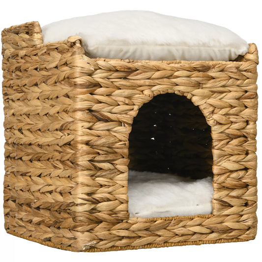 Katės guolis iš vandens hiacintų žolės, 2 gulimosios vietos, 2 skalbiami pagalvėlės, natūralus + baltas