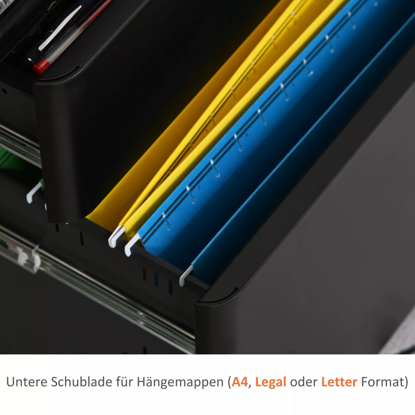 Mobilus biuro konteineris su 3 stalčiais, dokumentų spintelė ant ratukų, užrakinamas, su pakabinamų segtuvų sistema ir skyreliu rašymo priemonėms, skirtas biurui, namų biurui, 39 x 48 x 59 cm, juodas