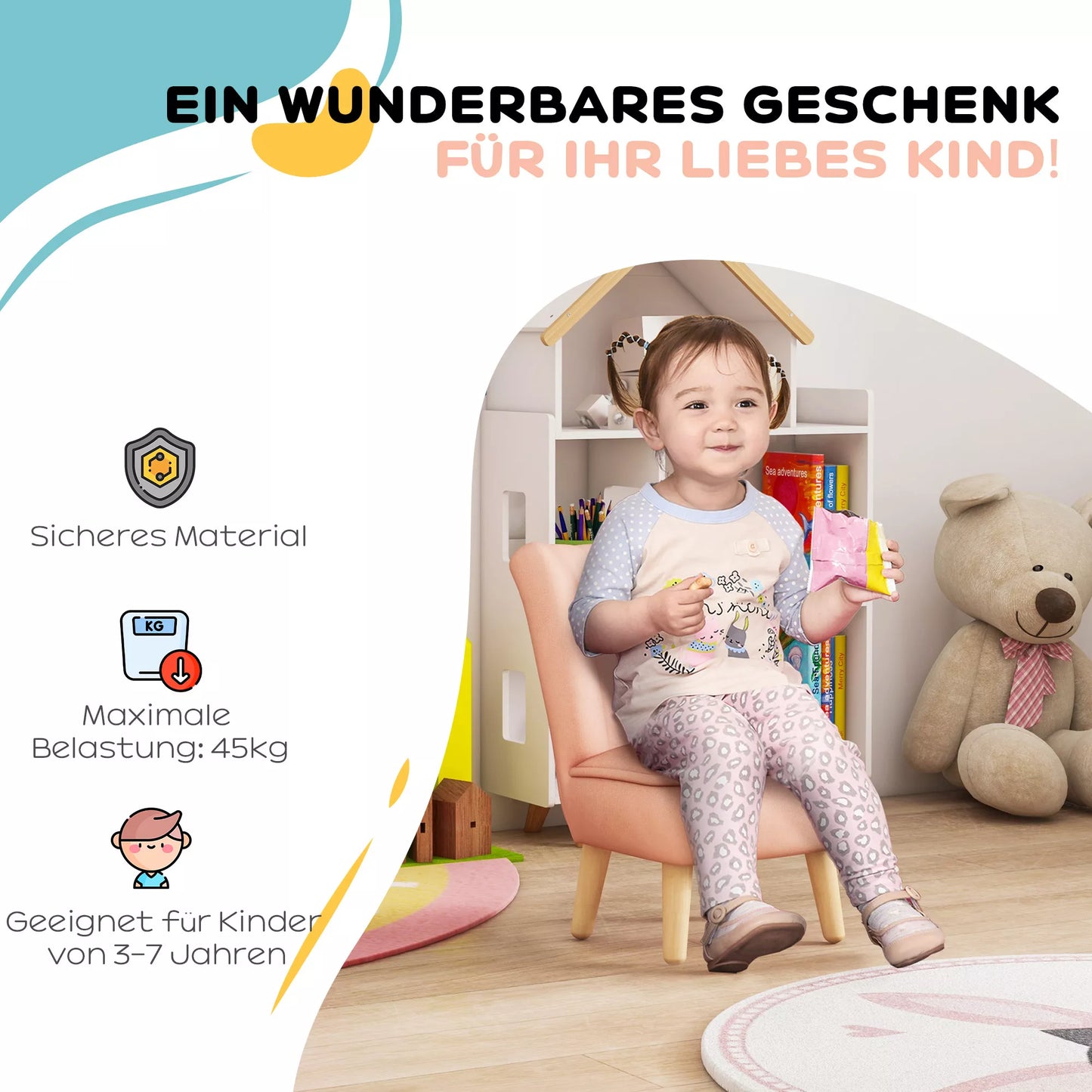 Vaikiškas fotelis, aksominė išvaizda, 3-7 metų vaikams, iki 45 kg, medinis rėmas, 44x45x56,5cm, rožinis