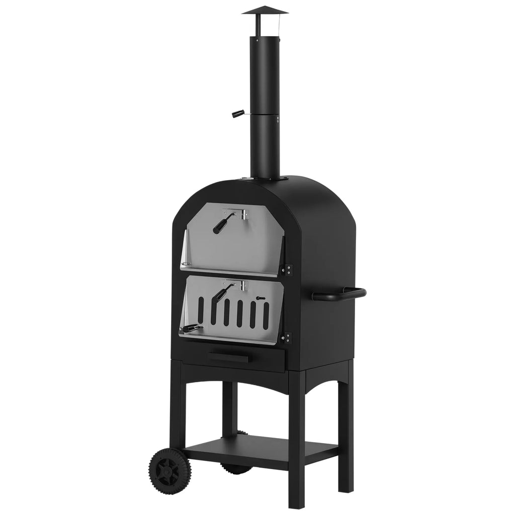 2-in-1 lauko picų krosnelė su ratukais Grilio krosnelė su apsauginiu dangčiu Picų mentė 2 grilio tinklai Grilio vežimėlis su kaminu 3 pakopų medinė krosnelė BBQ plieninė juoda + sidabrinė 63 x 54 x 161 cm