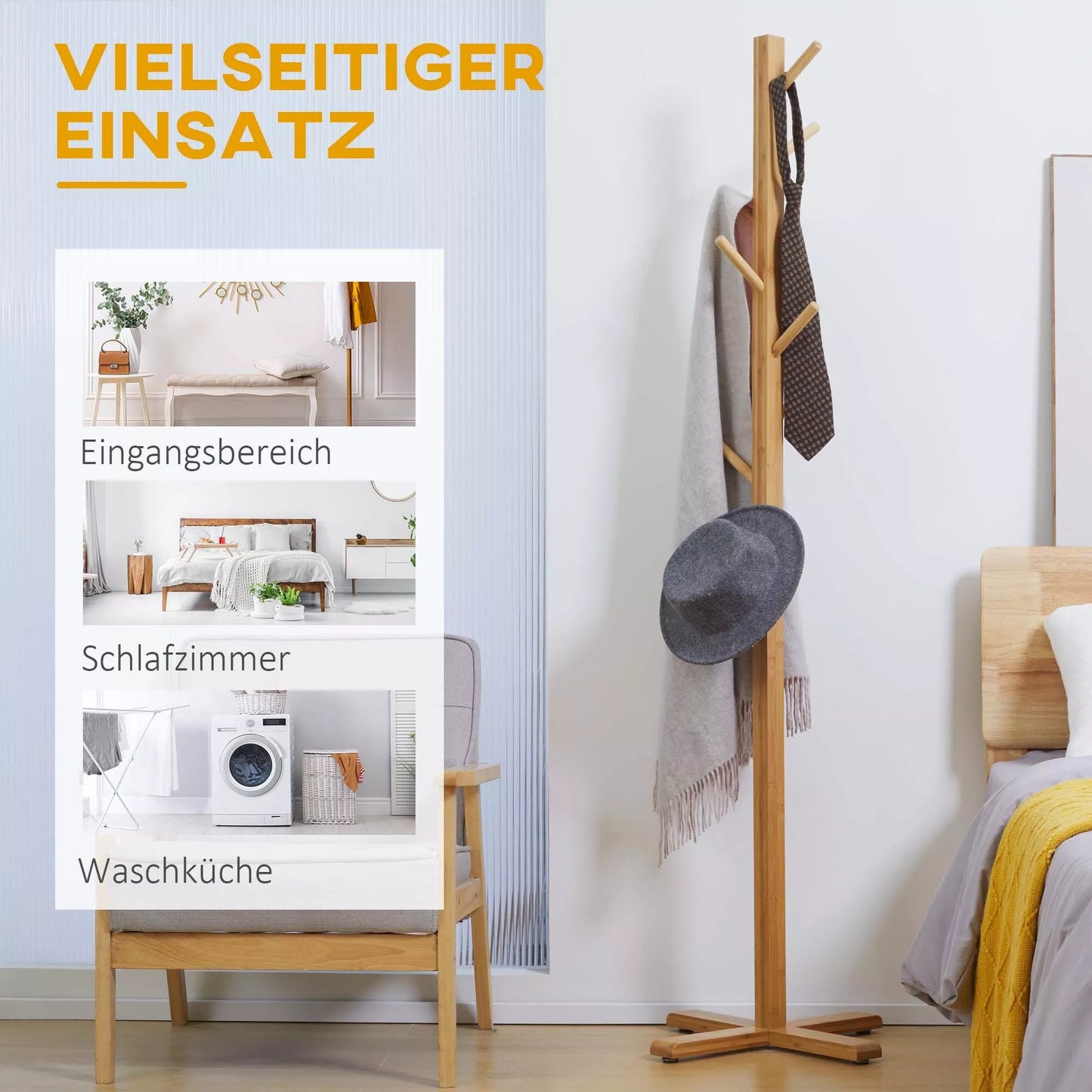 Pakabinamas drabužių ir skrybėlių stovas, 8 kabliukai, 49,5 cm x 49,5 cm x 178 cm, natūralus