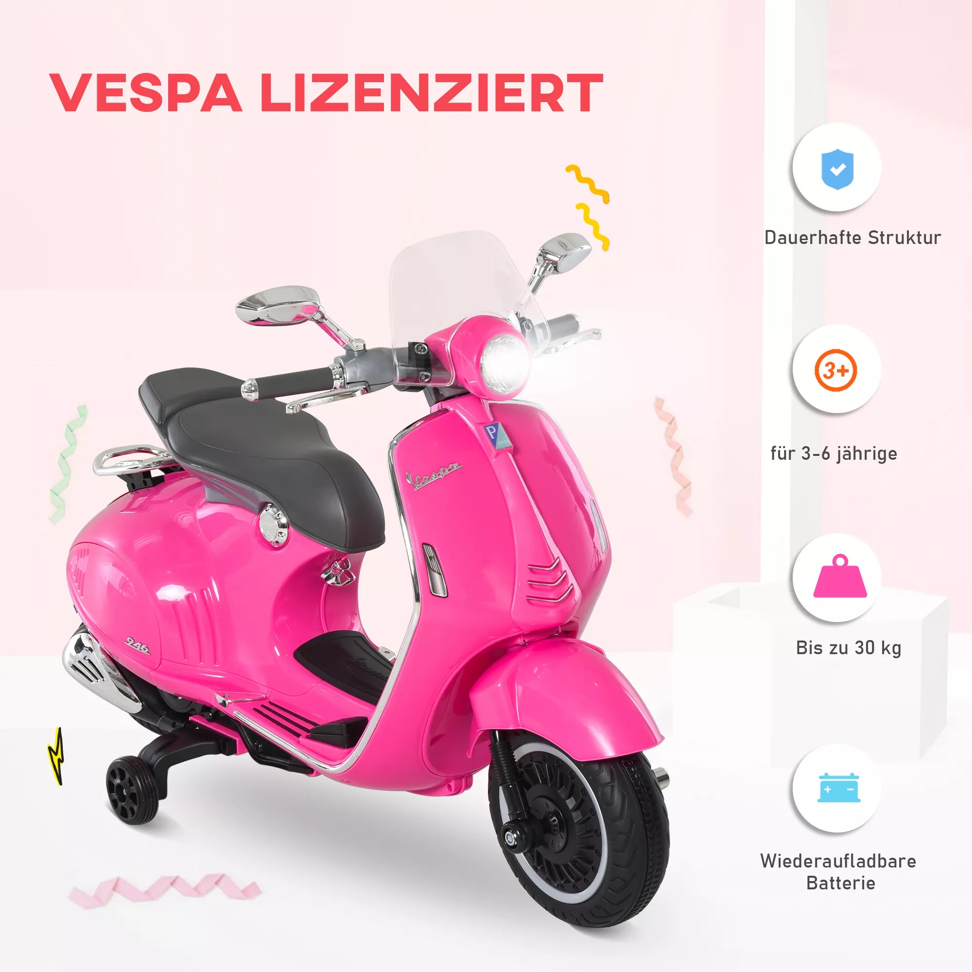 Elektrinis motociklas vaikams su MP3 grotuvu, žibintais, 3–6 metai, dirbtinė oda, metalas, 108 x 49 x 75 cm, rožinis