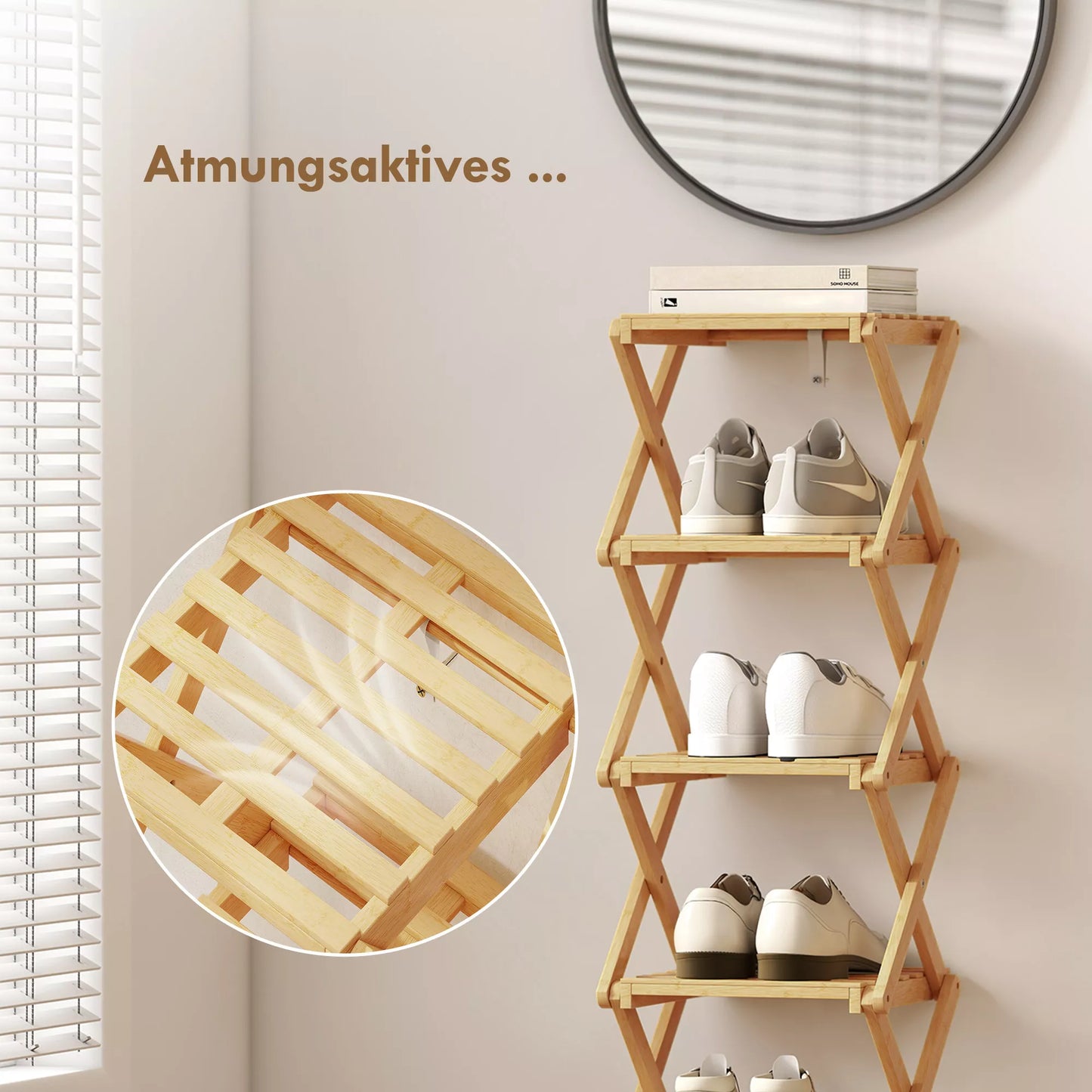 Batų stovas, sulankstomas batų stovas su 6 lygiais iš bambuko, skirtas maks. 9 poroms batų, 30 x 29 x 108 cm, natūralus