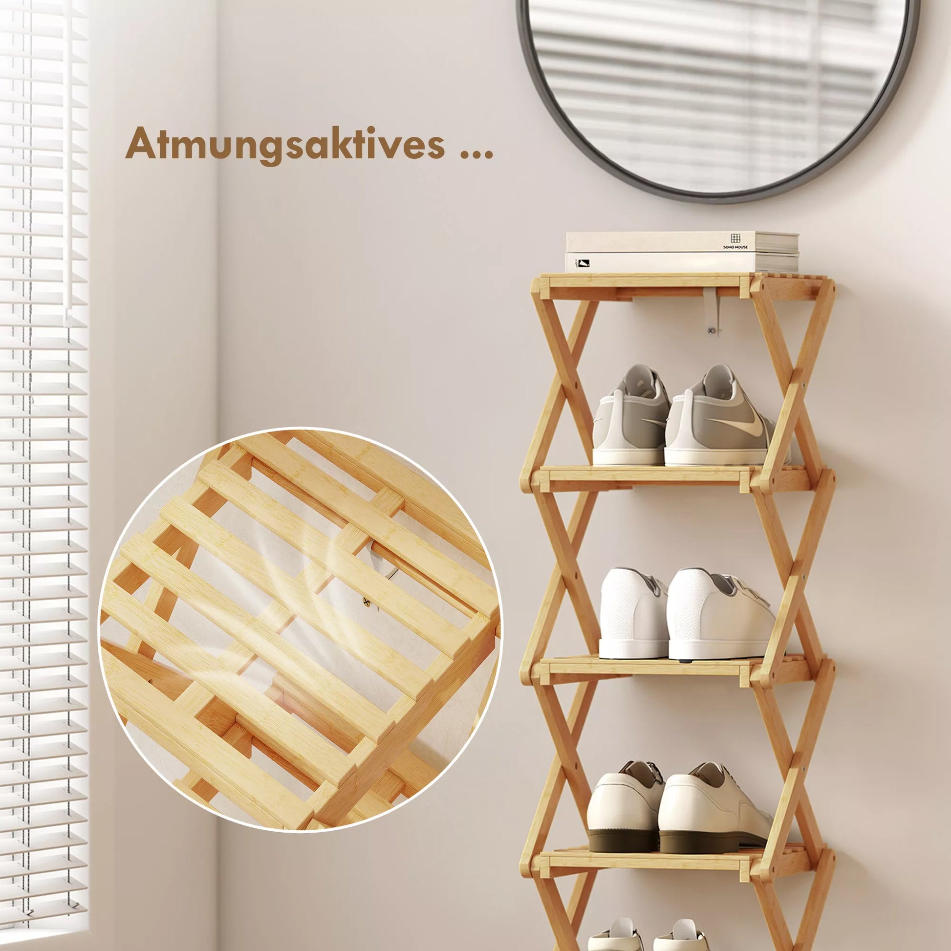 Batų stovas, sulankstomas batų stovas su 6 lygiais iš bambuko, skirtas maks. 9 poroms batų, 30 x 29 x 108 cm, natūralus