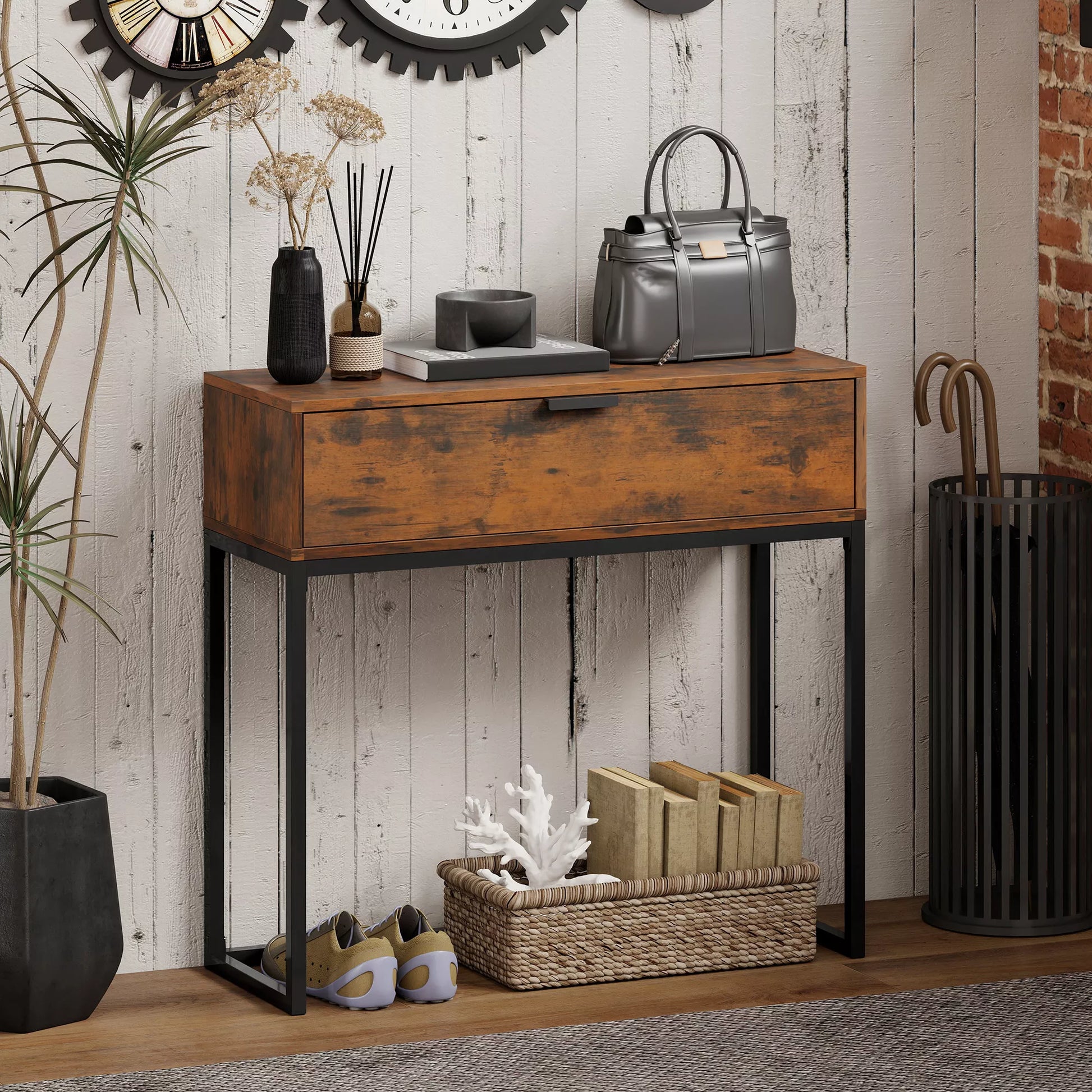 Konsolė, prieškambario stalas su stalčiu, pramoninis dizainas, prieškambario svetainė, 80x30x76 cm, juoda