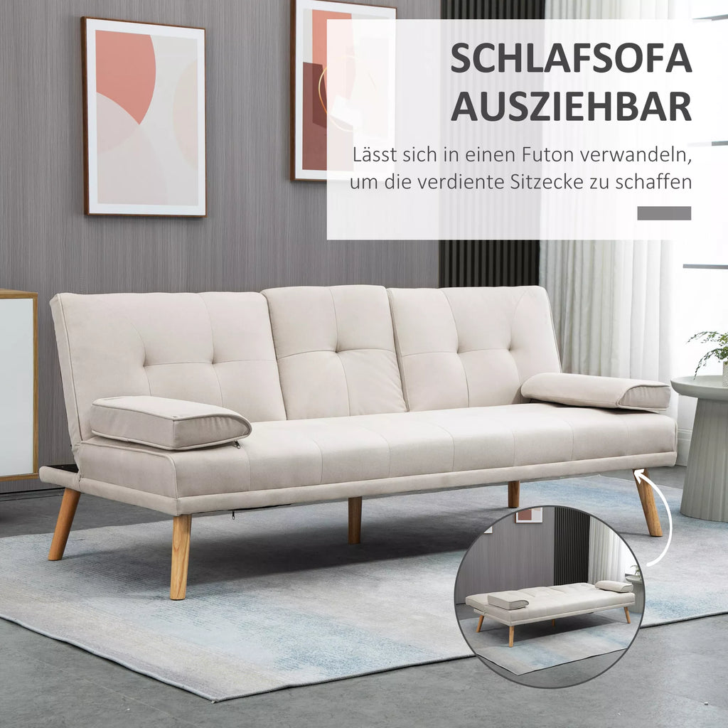 3-vietė miegamoji sofa, reguliuojamas atlošas su atlenkiamu staliuku, dvi porankės, lino imitacija, smėlio spalvos, 181 x 77 x 78 cm