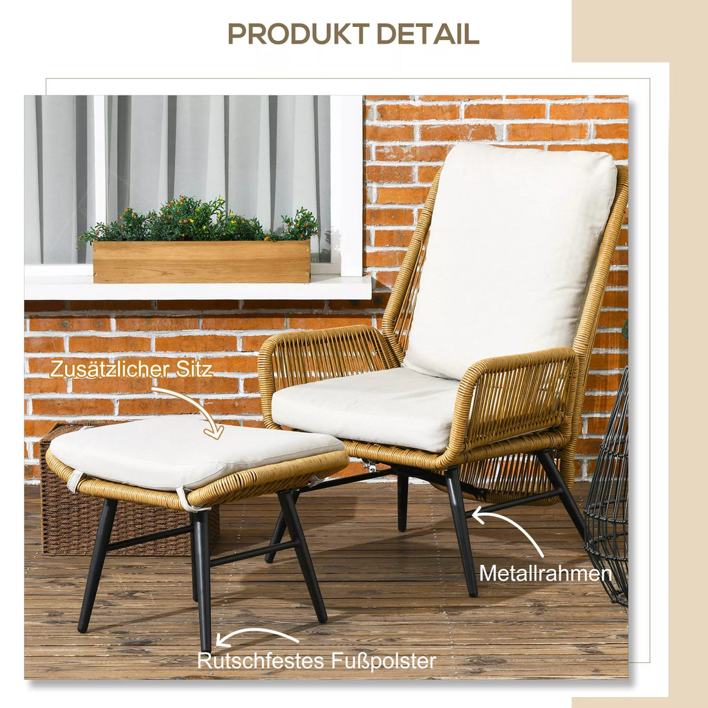 Polyrattan sodo kėdė ir taburetė, reguliuojamas atlošas, šviesiai ruda/pilka/juoda