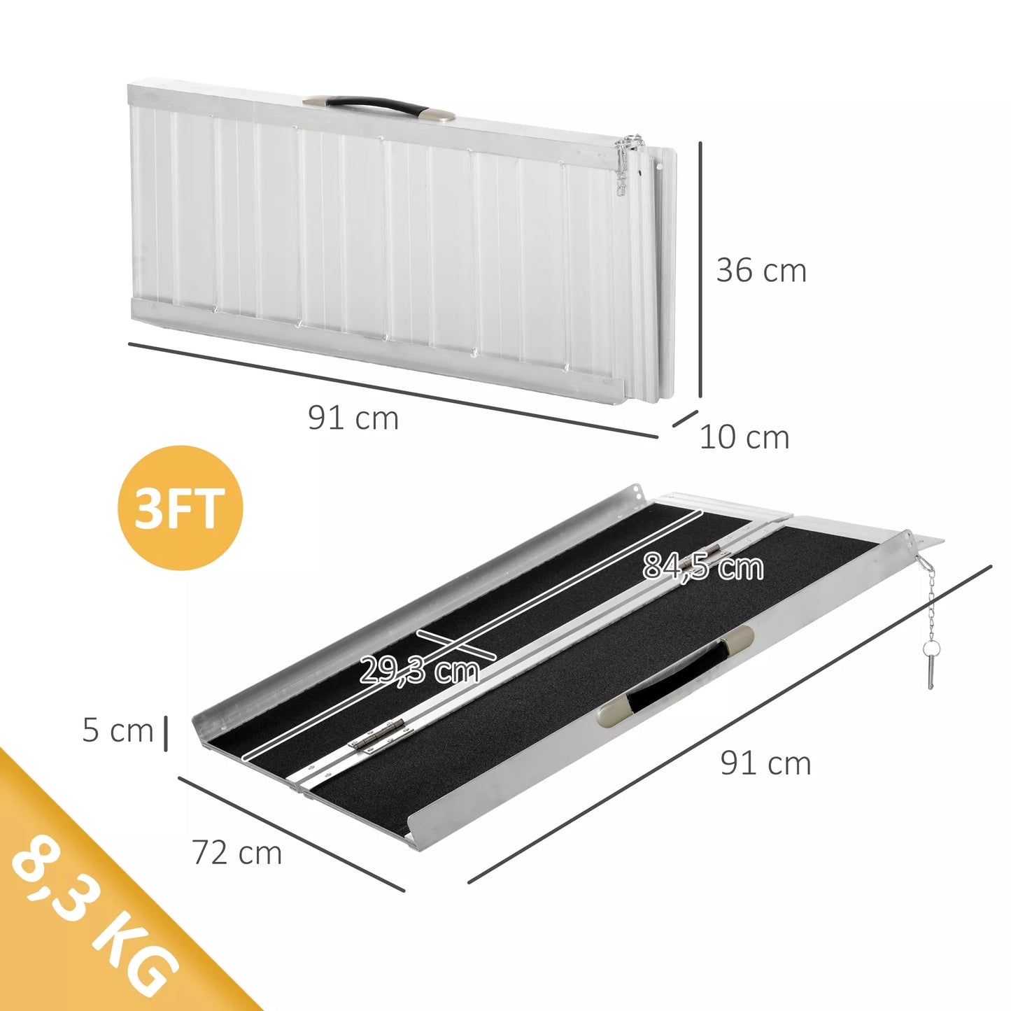 Vežimėlio rampa, įvažiavimo rampa, skirta vežimėliams ir ratoriams, sulankstoma, aliumininė, 270 kg keliamosios galios, juoda, 91 x 72 x 5 cm