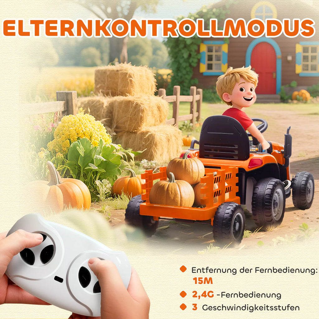 Vaikiškas elektromobilis traktorius su priekaba, iki 30 kg, 3–8 metų vaikams, oranžinis