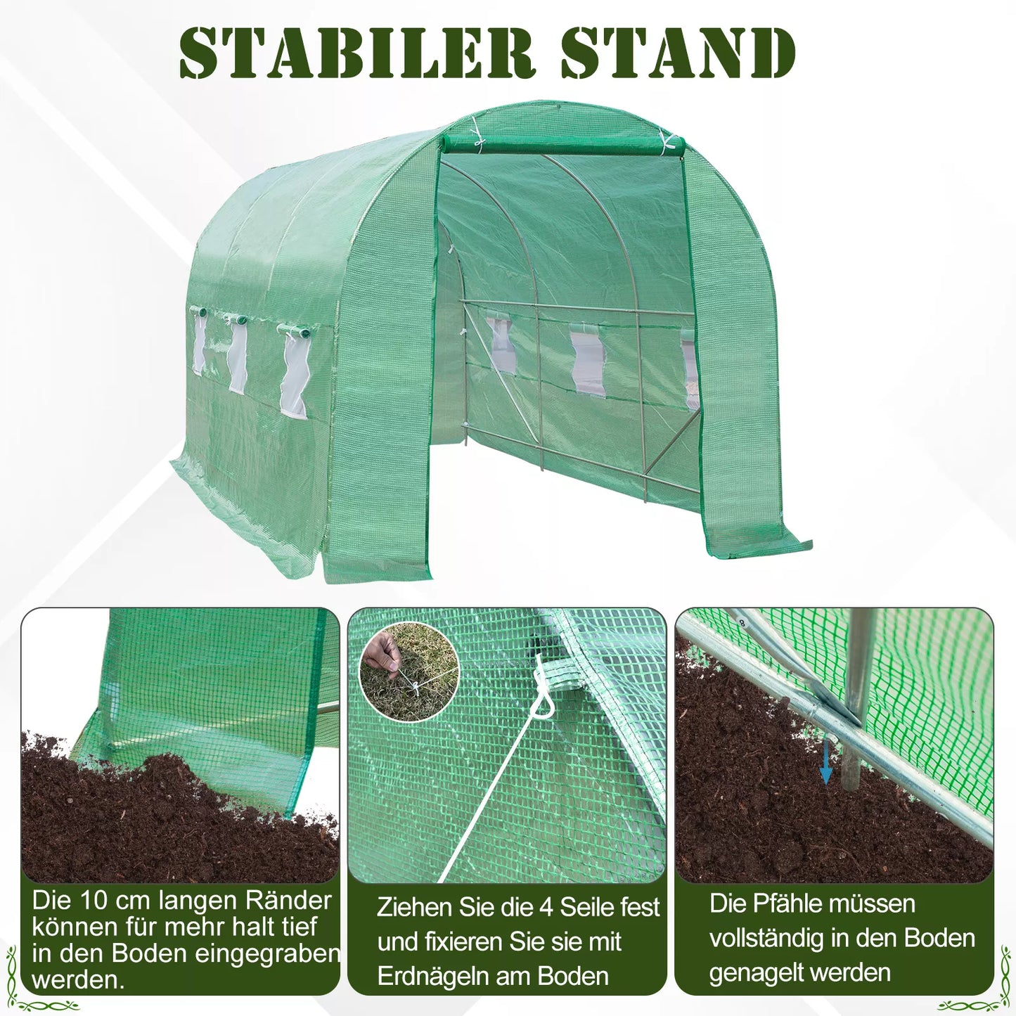 Šiltnamis 445x190x200cm Folijos šiltnamis Pomidorų namelis su durimis ir tinkleliu nuo uodų, langais, folijos tunelis iš cinkuoto plieno, tvirtas augalų tunelis, šiltnamis su įžeminimo inkarais ir virvėmis, žalias