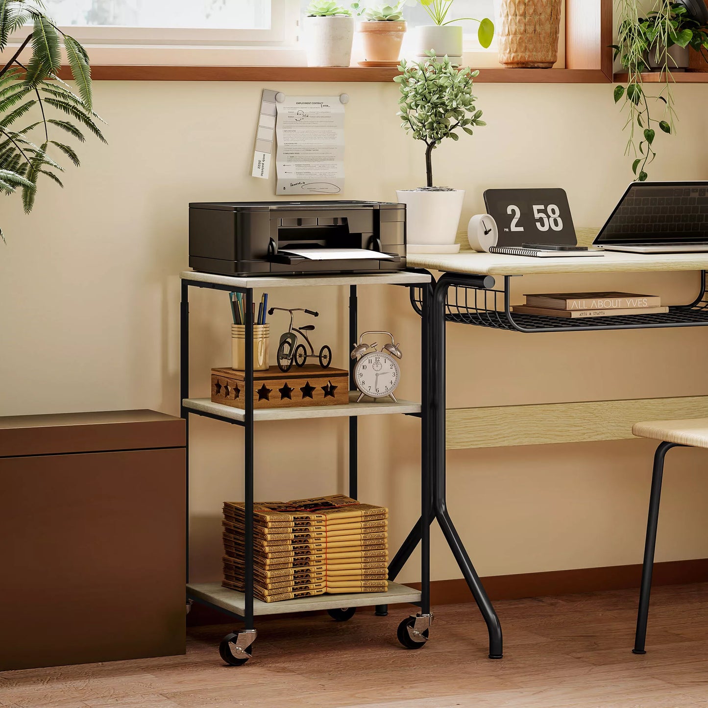 Spausdintuvo stovas su 3 lentynomis, reguliuojamo aukščio, mobilus spausdintuvo vežimėlis su ratukais, namų biurui, metalo ir medžio