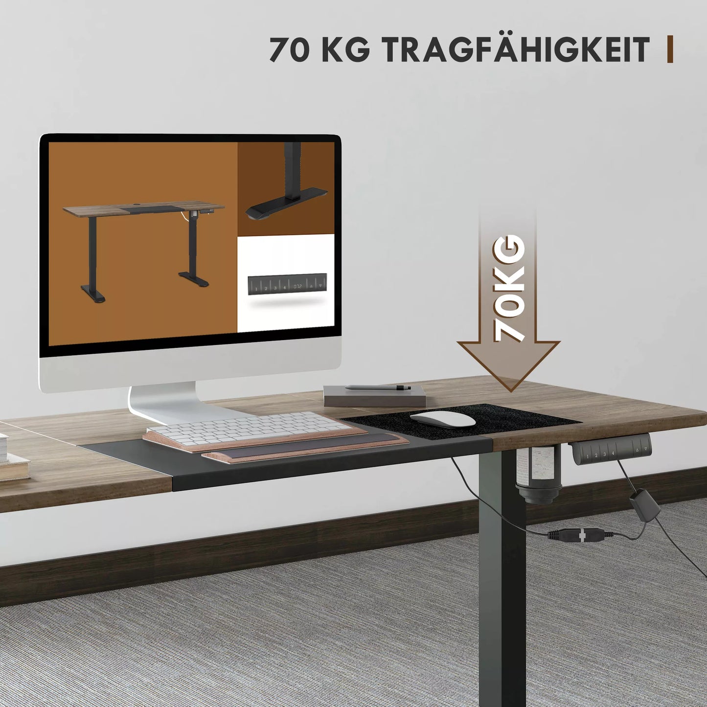 Elektrinis aukščio reguliavimo stalas 140 x 70 cm, 4 atminties nustatymai, 4 dalių stalviršis, stovimo-sėdėjimo stalas su anti-kolizijos funkcija, apsauga nuo perkaitimo, juodas