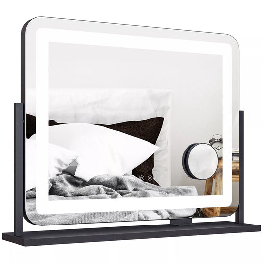 Juodas makiažo veidrodis su LED lemputėmis, USB jungtimi ir 3 režimais, pasukamas