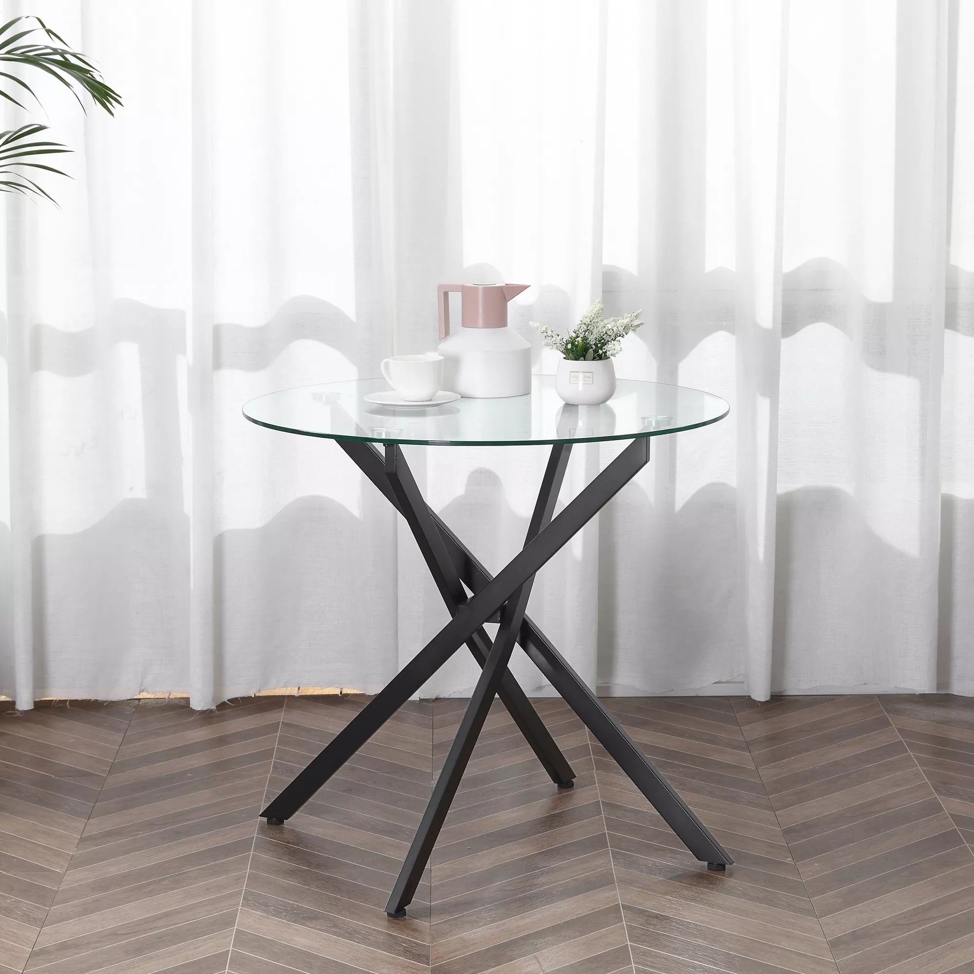 Modernus stiklinis valgomojo stalas, 80 cm skersmens, virtuvės stalas su grūdintu stikliniu stalviršiu ir metalinėmis kojomis, skirtas 4 asmenims.