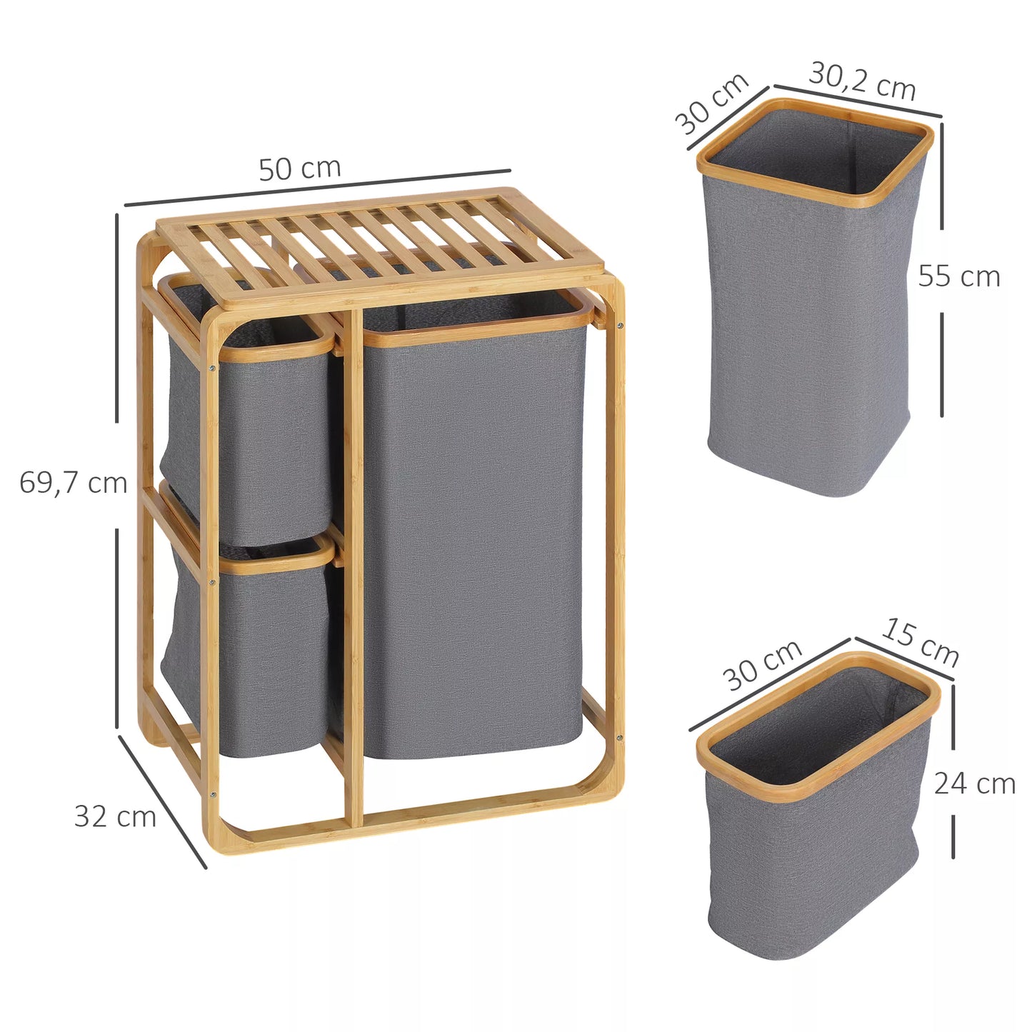 Skalbinių krepšys iš bambuko, 3 nuimami krepšiai 50 cm x 32 cm x 69,7 cm, natūralios pilkos spalvos