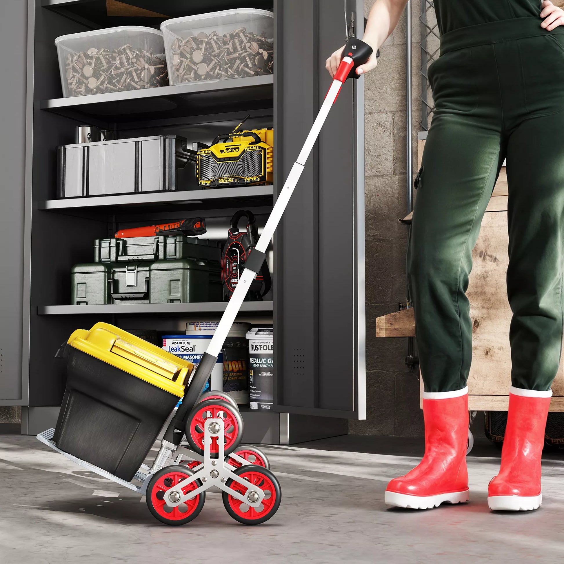 Sulankstomas laiptų kopiklis-vežimėlis, 6 ratų sistema, kelia 70 kg, aliuminis, raudonas