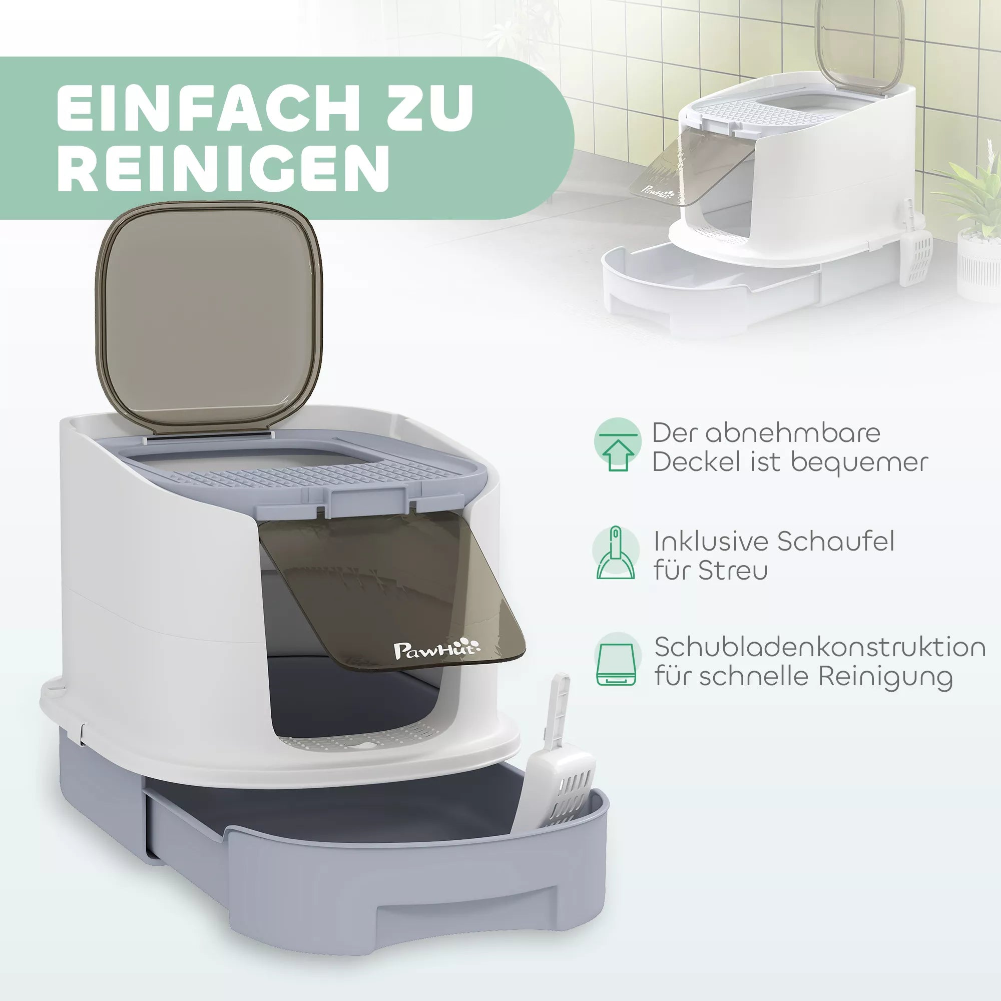 Katės tualetas su dangčiu Viršutinis įėjimas Kastuvėlis Ištraukiamas padėklas Katėms iki 4,5 kg, 40,5x52,5x42,5 cm Pilkos spalvos