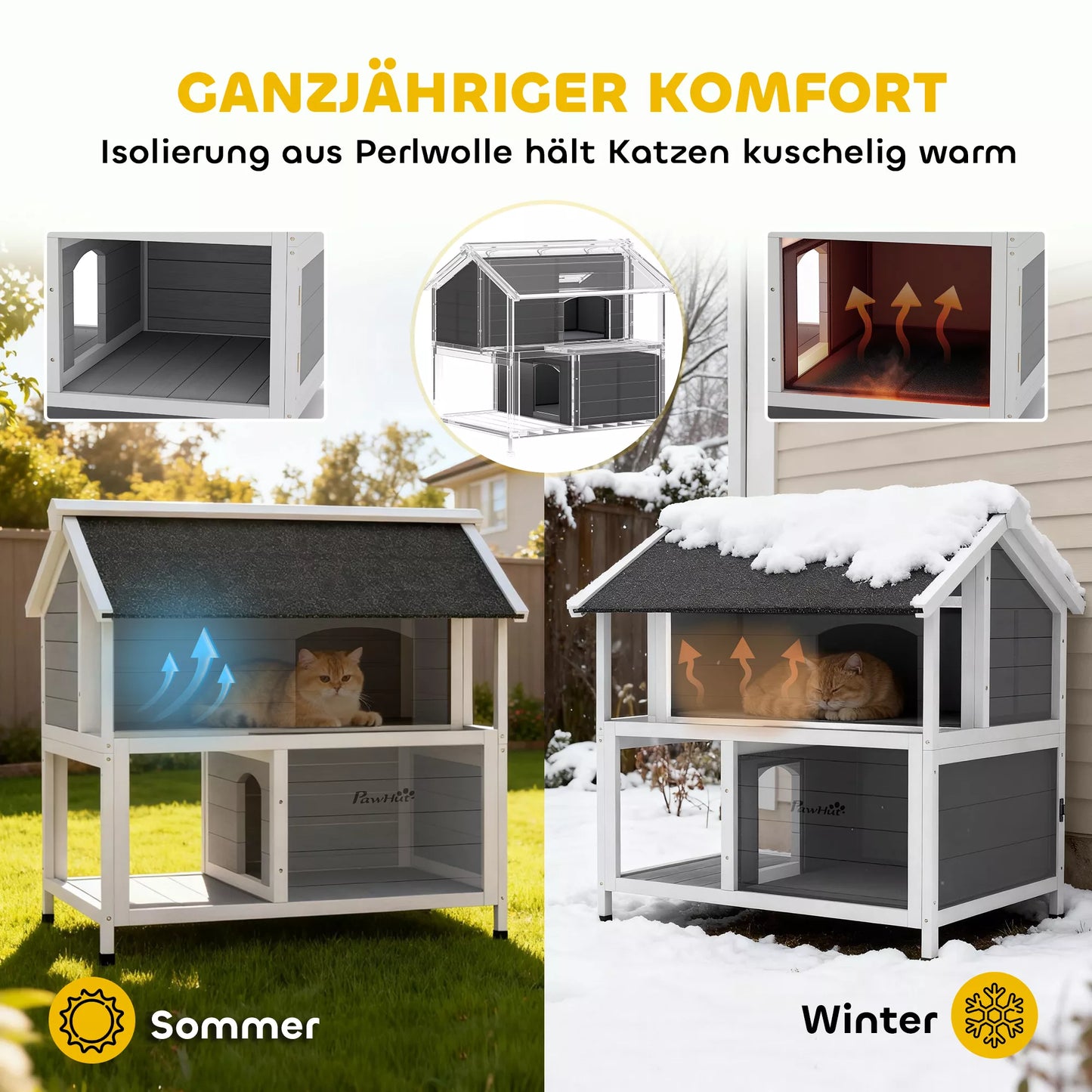 Lauko katės namelis, prieglobstis lauke, atsparus vandeniui, atidaromas stogas, eglės mediena, 80 x 93 x 95, pilkos spalvos