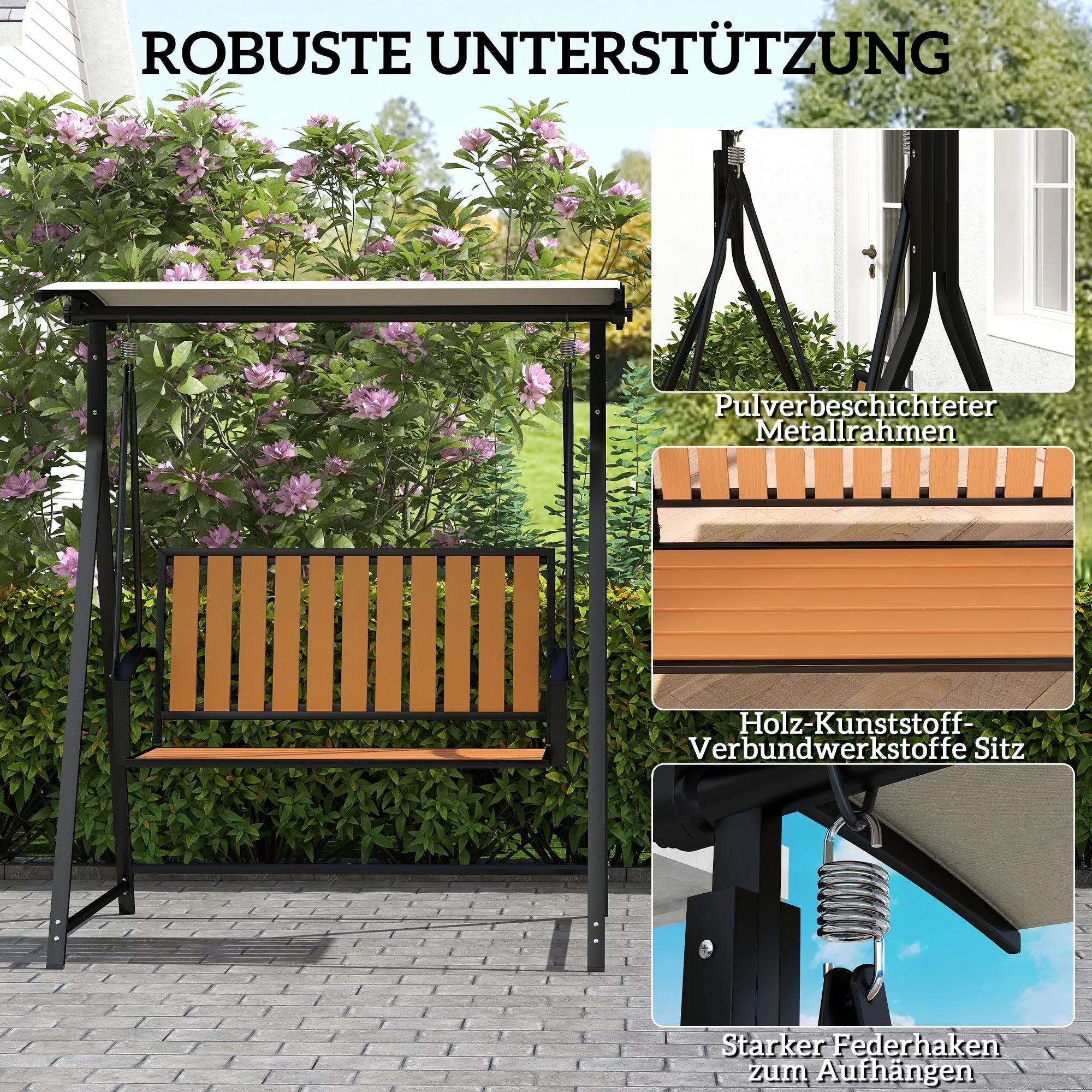 Lauko, sodo  sūpynės su reguliuojamu stogu nuo saulės, 2 vietos sodo sūpynės 142 x 112 x 162 cm, juodos spalvos