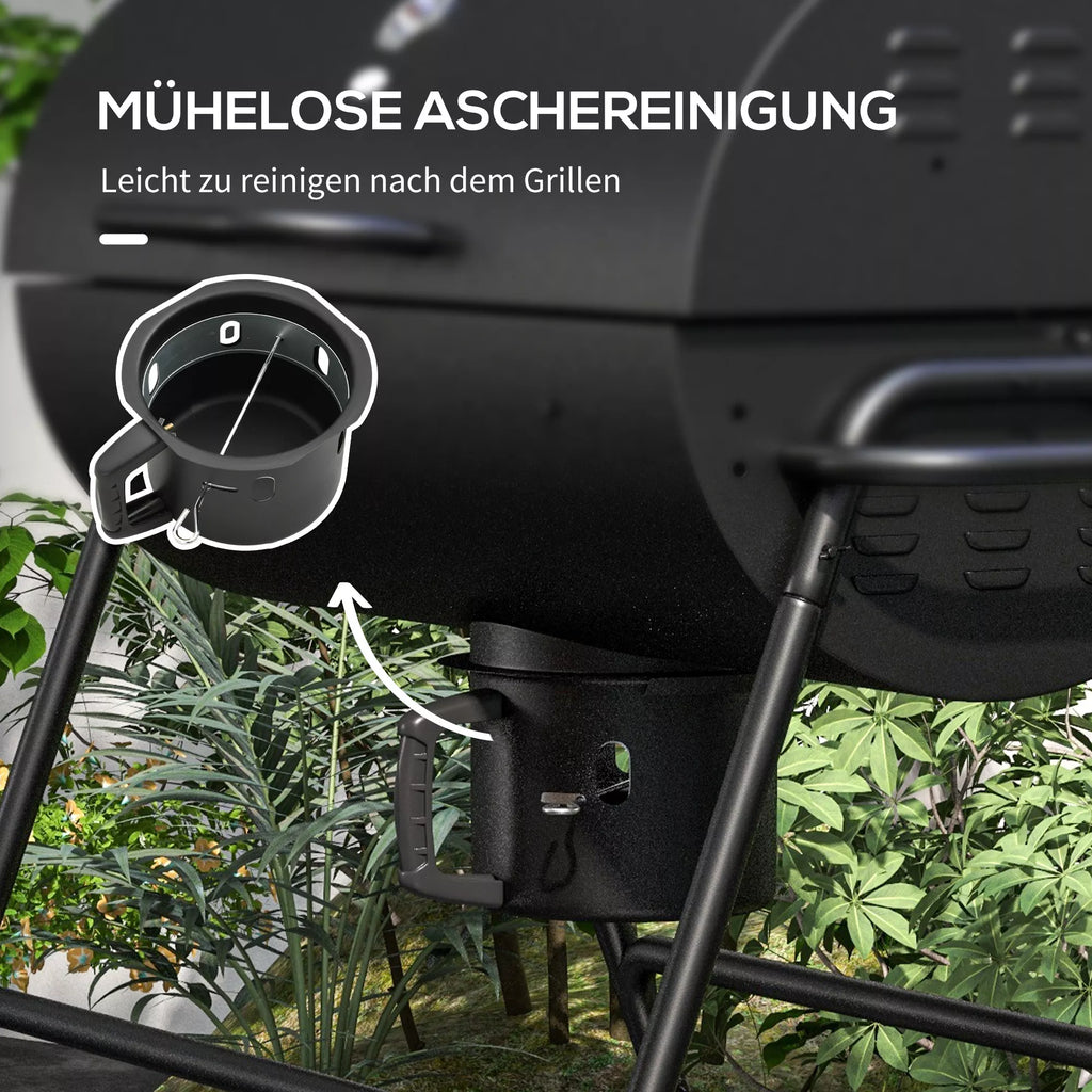 Metalinis anglies grilis BBQ Smoker su dangčiu, termometru, ratukais, grilio vežimėliu 95x71,5x102 cm, juodos spalvos