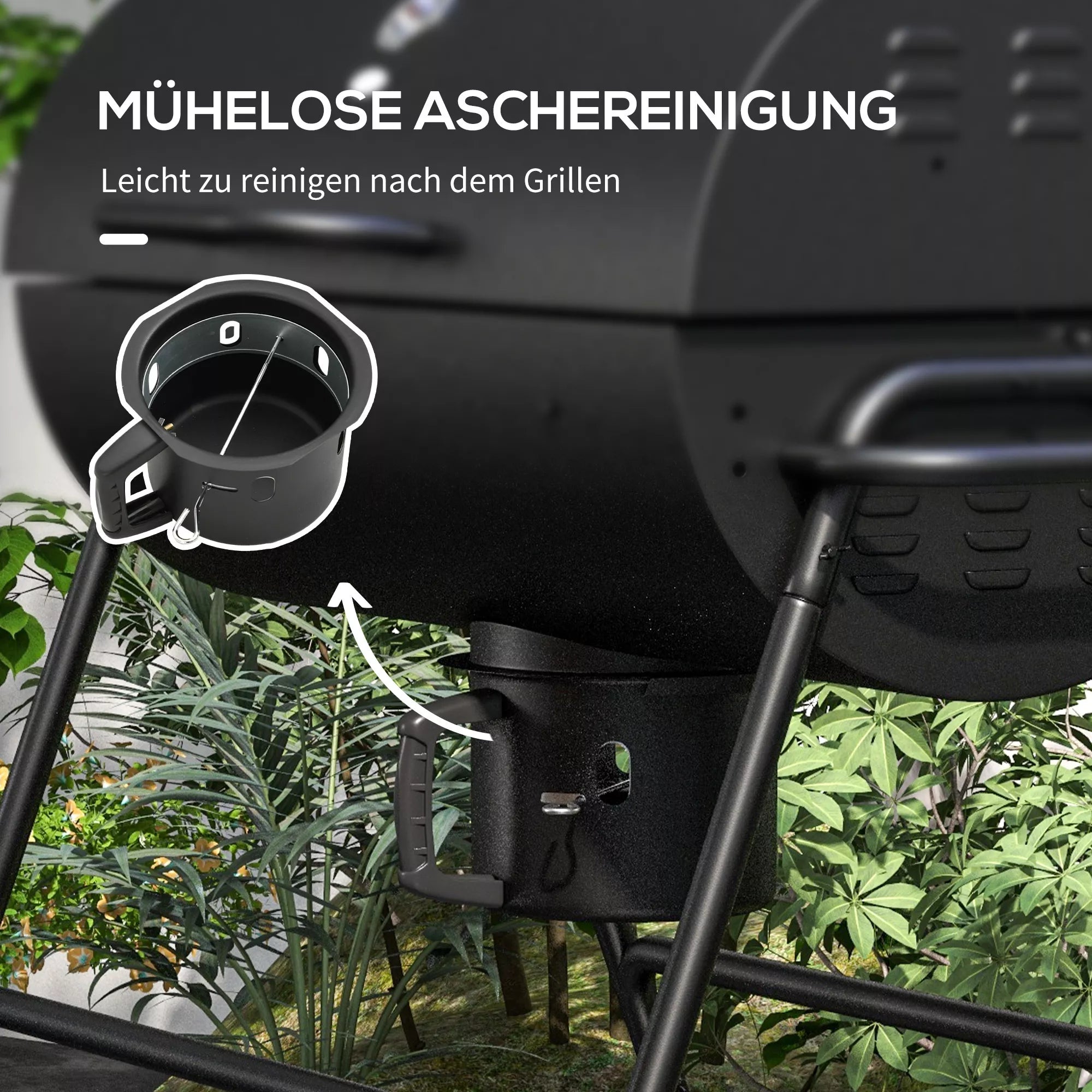 Metalinis anglies grilis BBQ Smoker su dangčiu, termometru, ratukais, grilio vežimėliu 95x71,5x102 cm, juodos spalvos